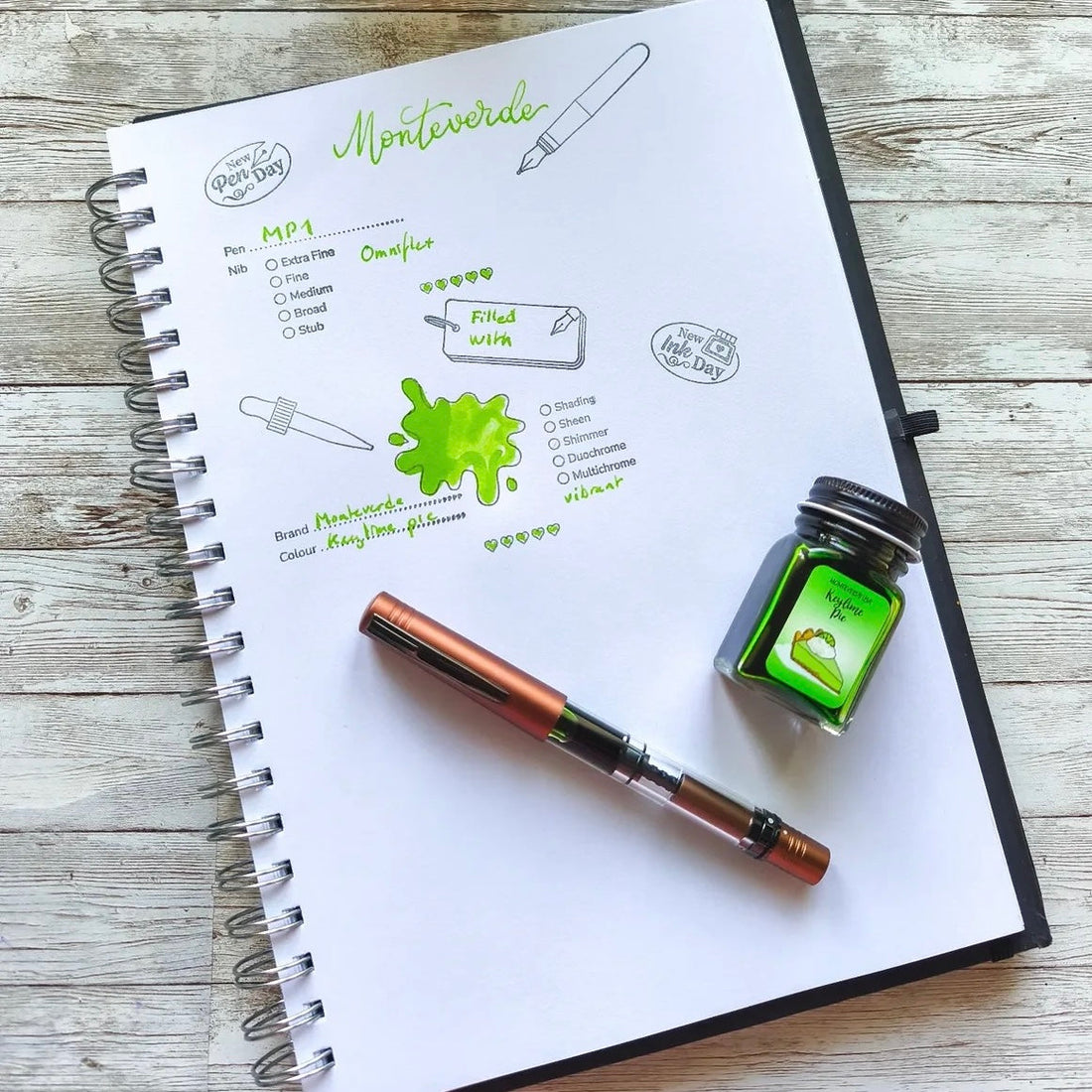 Inking my Monteverde MP1 fountain pen and ink swatching with Felicity’s Attic ink swatch stamps