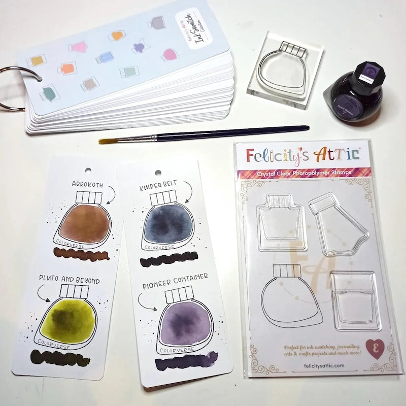 to start ink swatching you will need an ink swatch book or cards, fountain pen ink, clear ink bottle stamps, an acrylic block and an ink pad