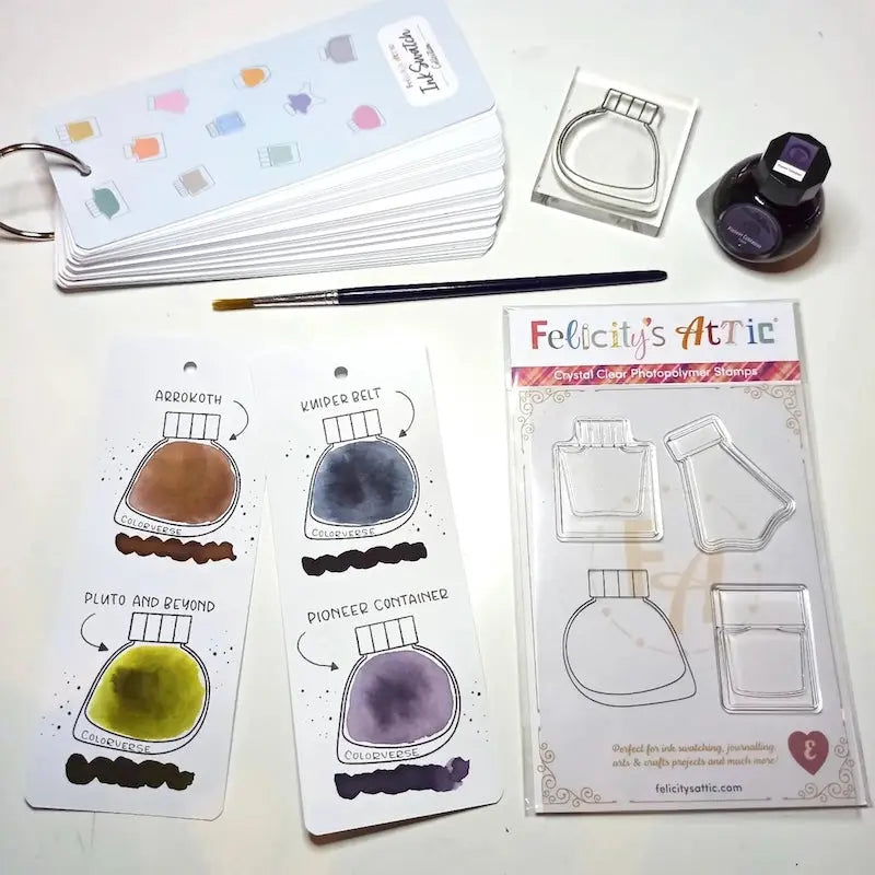 to start ink swatching you will need an ink swatch book or cards, fountain pen ink, clear ink bottle stamps, an acrylic block and an ink pad