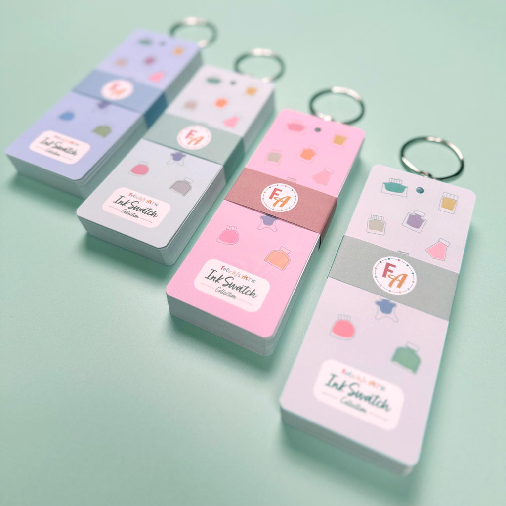 Ink Swatch Book with metal binding ring - 50 bright white fountain pen friendly swatch cards - my ink swatch collection