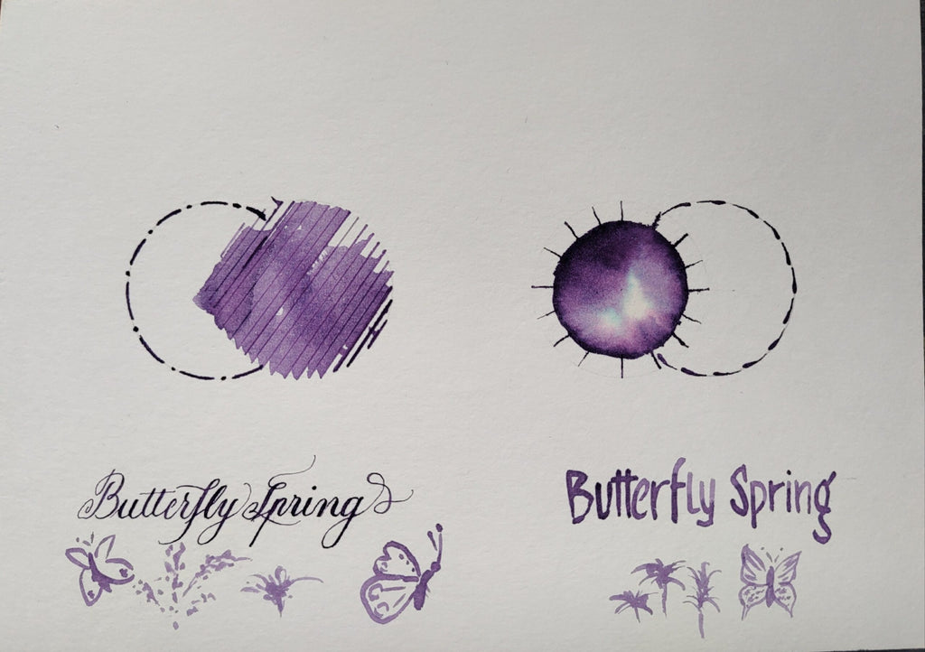 Butterfly Spring bottled fountain pen ink by Shanghai Stationary, violet coloured flower ink swatching, ink bottle