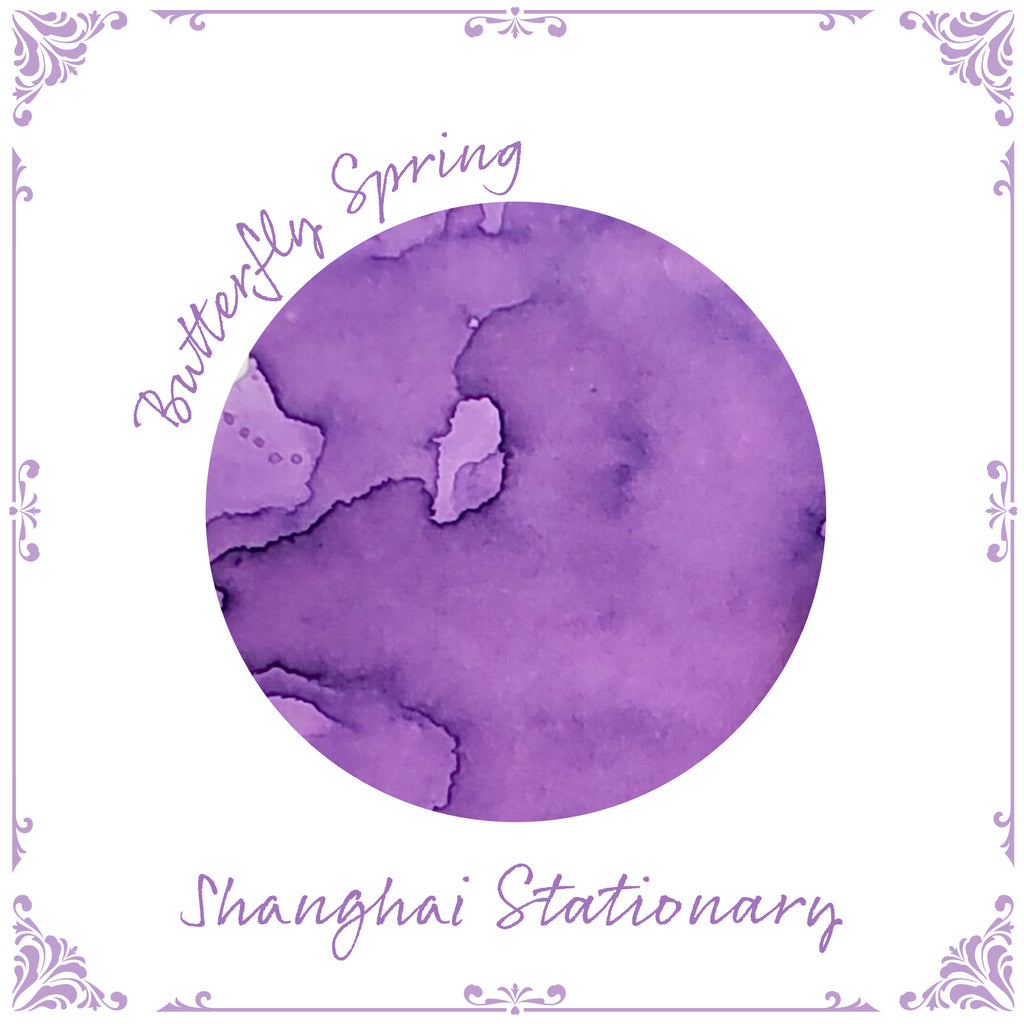 Butterfly Spring bottled fountain pen ink by Shanghai Stationary, violet coloured flower ink swatching, ink bottle