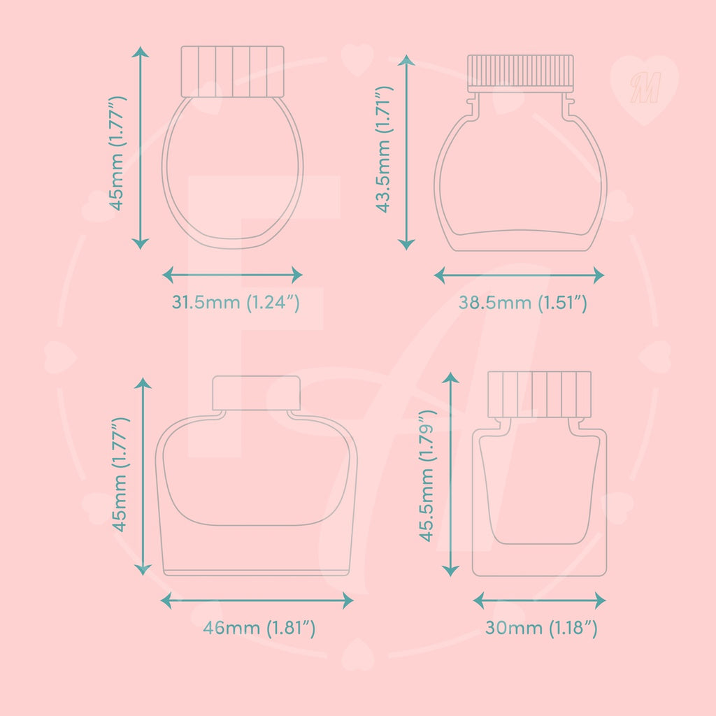Clear Ink Bottle Stamps for fountain pen ink swatching and journaling - Stamp Set M by Felicity's Attic now includes Shanghai Stationary ink bottle