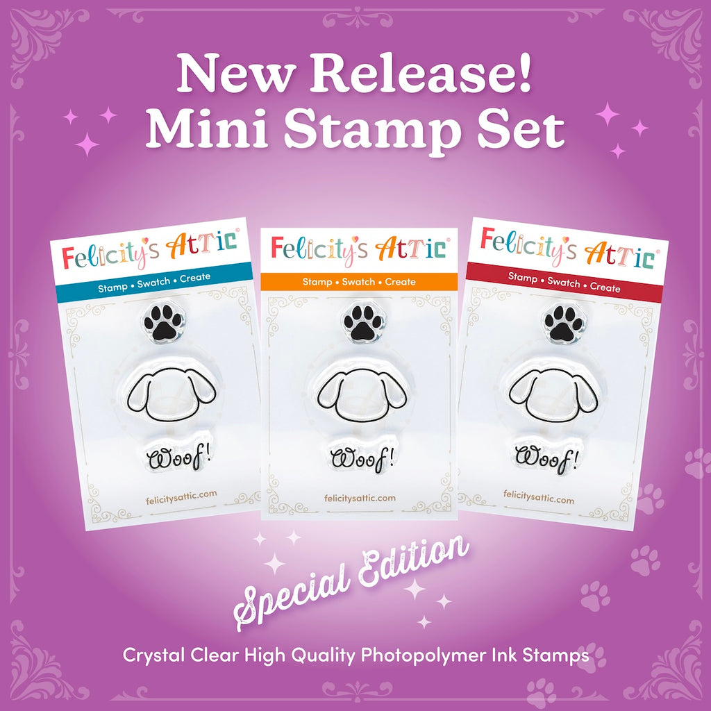 This cute mini clear ink stamp set features 3 clear ink stamps for dog lovers and includes -  a dog paw, a dog head outline and the wording "Woof!".