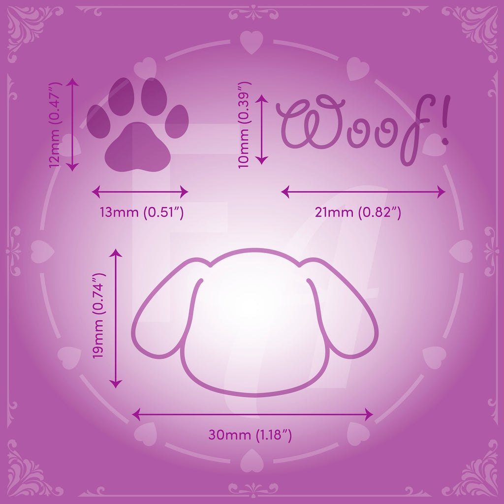 This cute mini clear ink stamp set features 3 clear ink stamps for dog lovers and includes -  a dog paw, a dog head outline and the wording "Woof!".