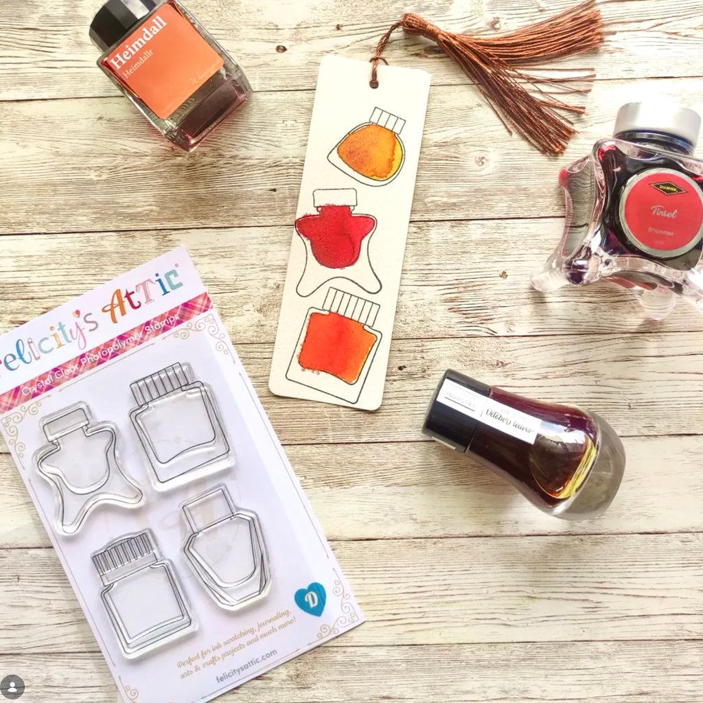 High quality, crystal clear ink bottle shaped stamps for ink swatching and journaling by Felicity's Attic - stamp set V