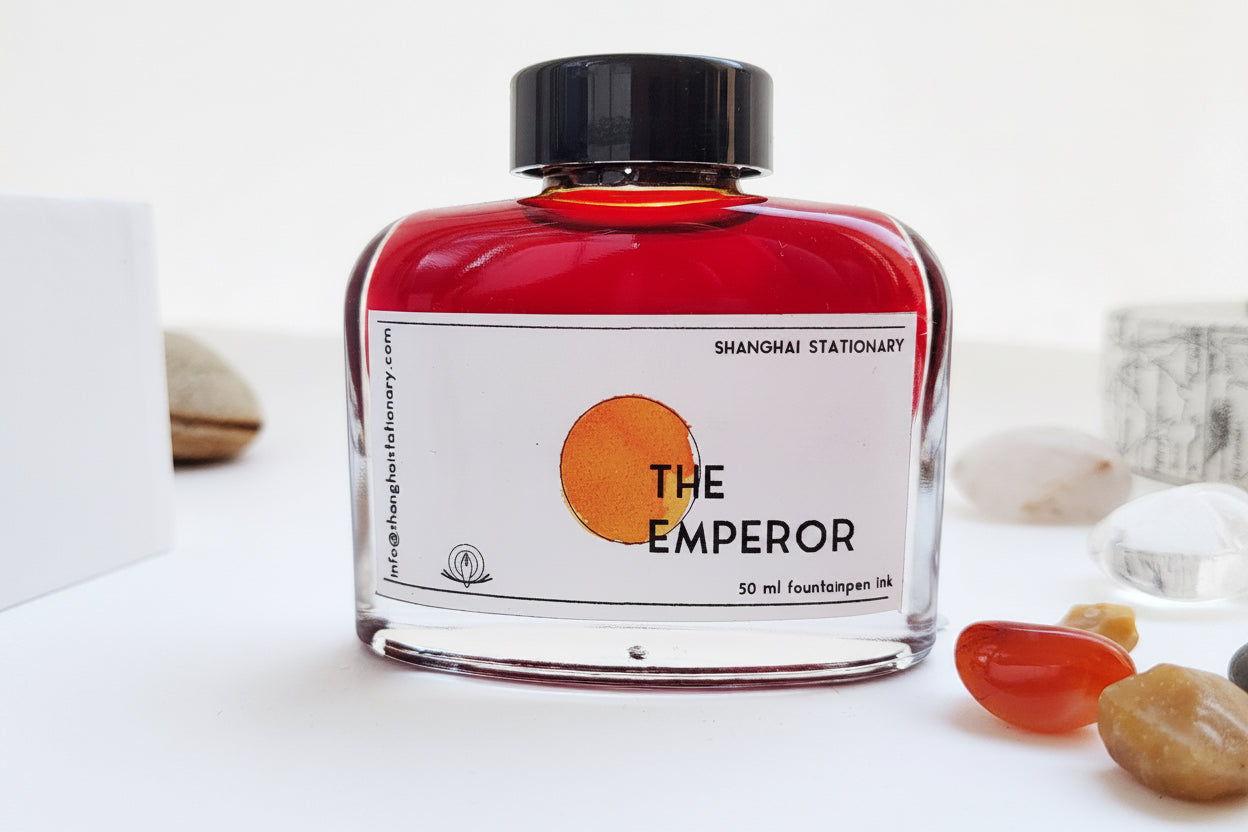Premium quality bottled fountain pen inks by Shanghai Stationary, The Emperor is an orange ink.