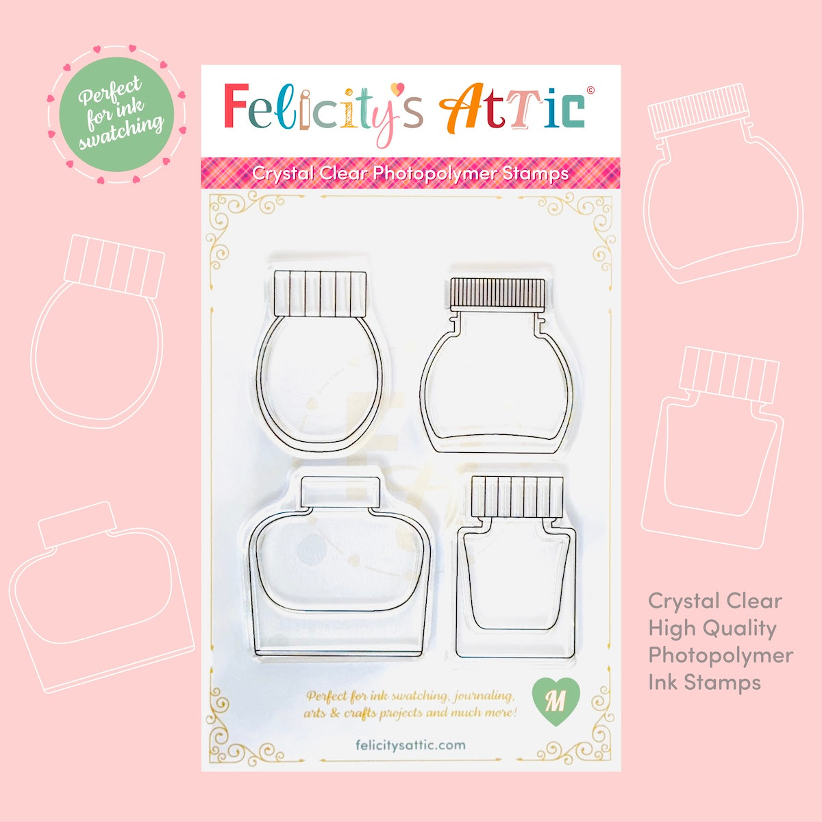 Clear Ink Bottle Stamps for fountain pen ink swatching and journaling - Stamp Set M - Felicity's Attic