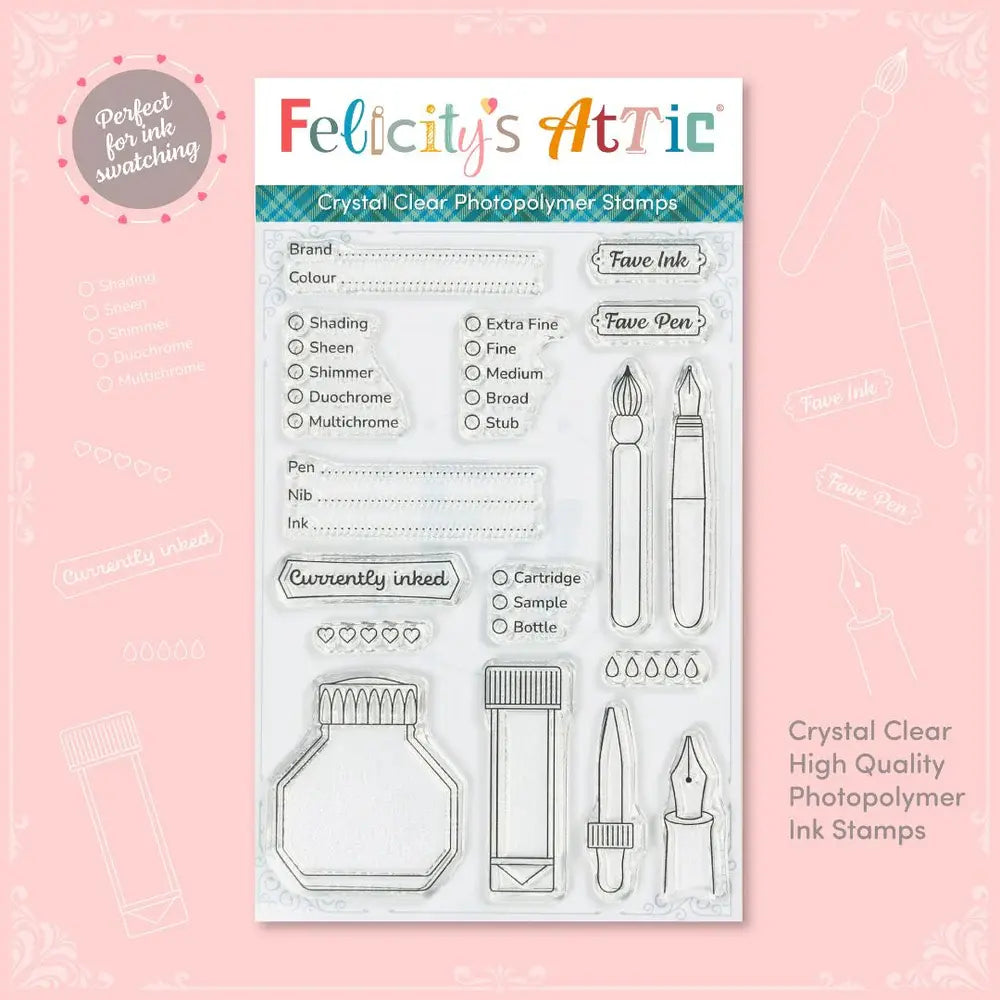 Clear Ink Swatching Stamps by Felicity’s Attic- Swatch Set 2 includes large antique ink bottle, ink sample vial, fountain pens and nibs, ink brand, color, sheen wording