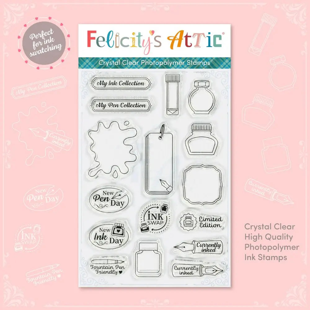 Clear Ink Swatching Stamps by Felicity’s Attic - Set 1 contains fountain pens, ink bottles, swatch cards, new pen day