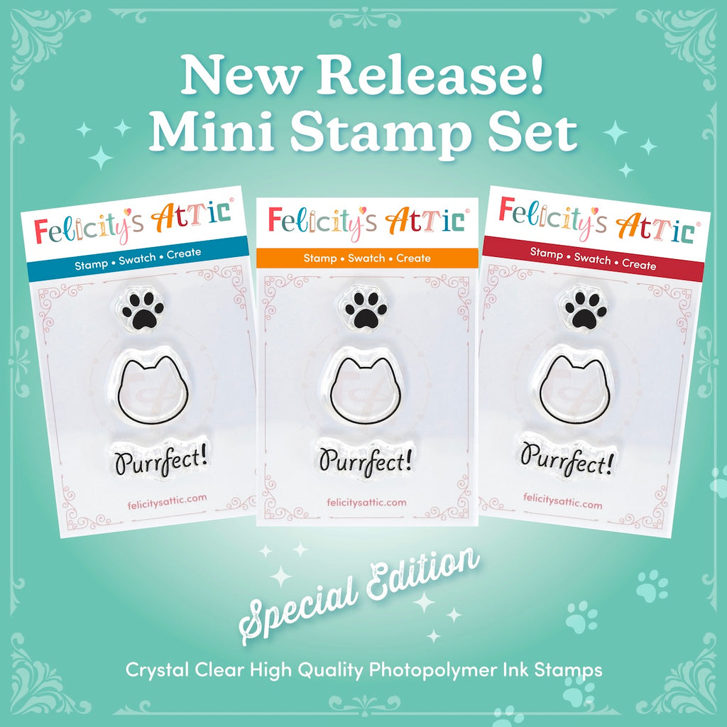 This cute mini stamp set features 3 clear ink stamps for cat lovers and includes -  a cat paw, a cat head outline and the wording "Purrfect".