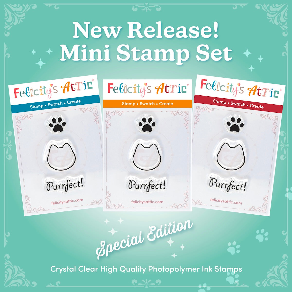 This cute mini stamp set features 3 clear ink stamps for cat lovers and includes -  a cat paw, a cat head outline and the wording "Purrfect".