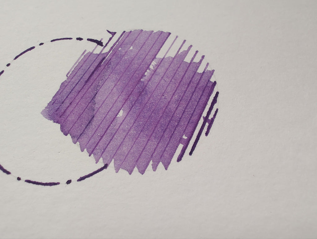 Butterfly Spring bottled fountain pen ink by Shanghai Stationary, violet coloured ink swatching, ink bottle