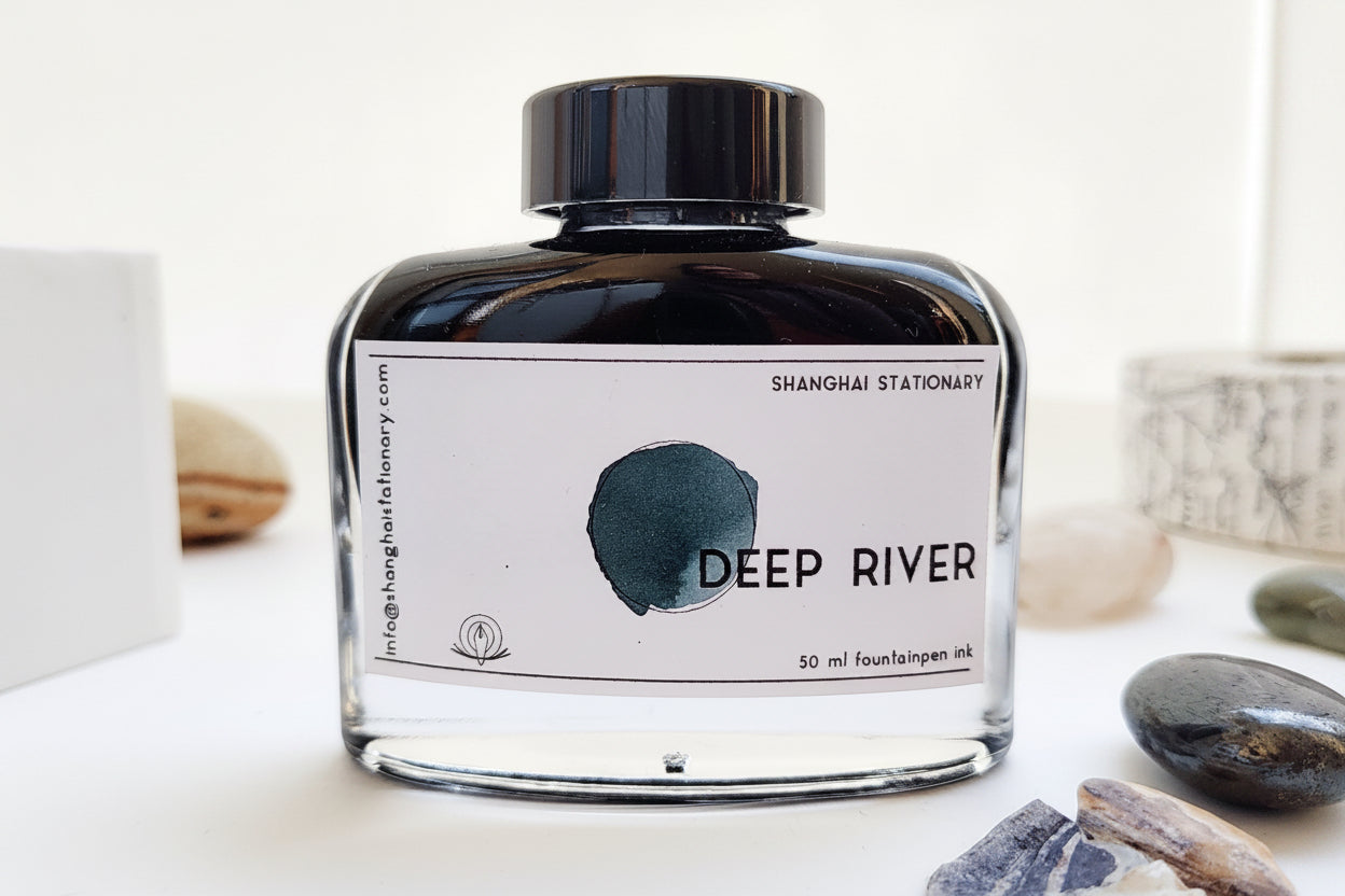 Shanghai Stationary bottled fountain pen ink Deep River 50ml bottle dark blue teal ink colour Felicity's Attic