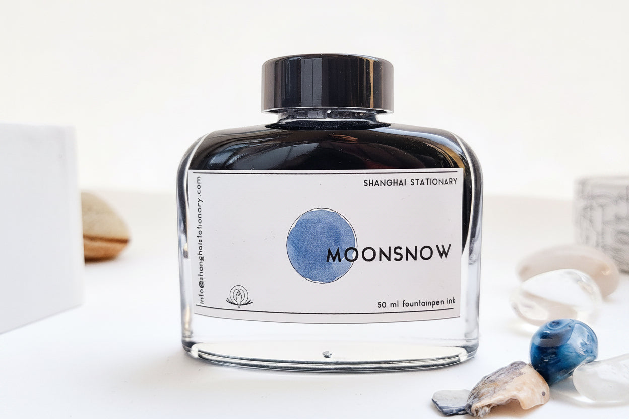 Shanghai Stationary fountain pen ink made in the Netherlands Moonsnow is a soft pastel blue ink 50ml bottle