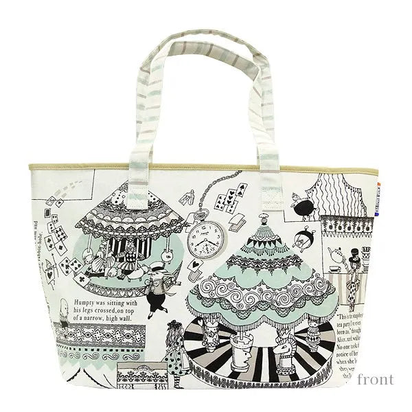 A canvas tote bag featuring a whimsical circus and carousel illustration in black ink on a white background, with light green and white striped handles.