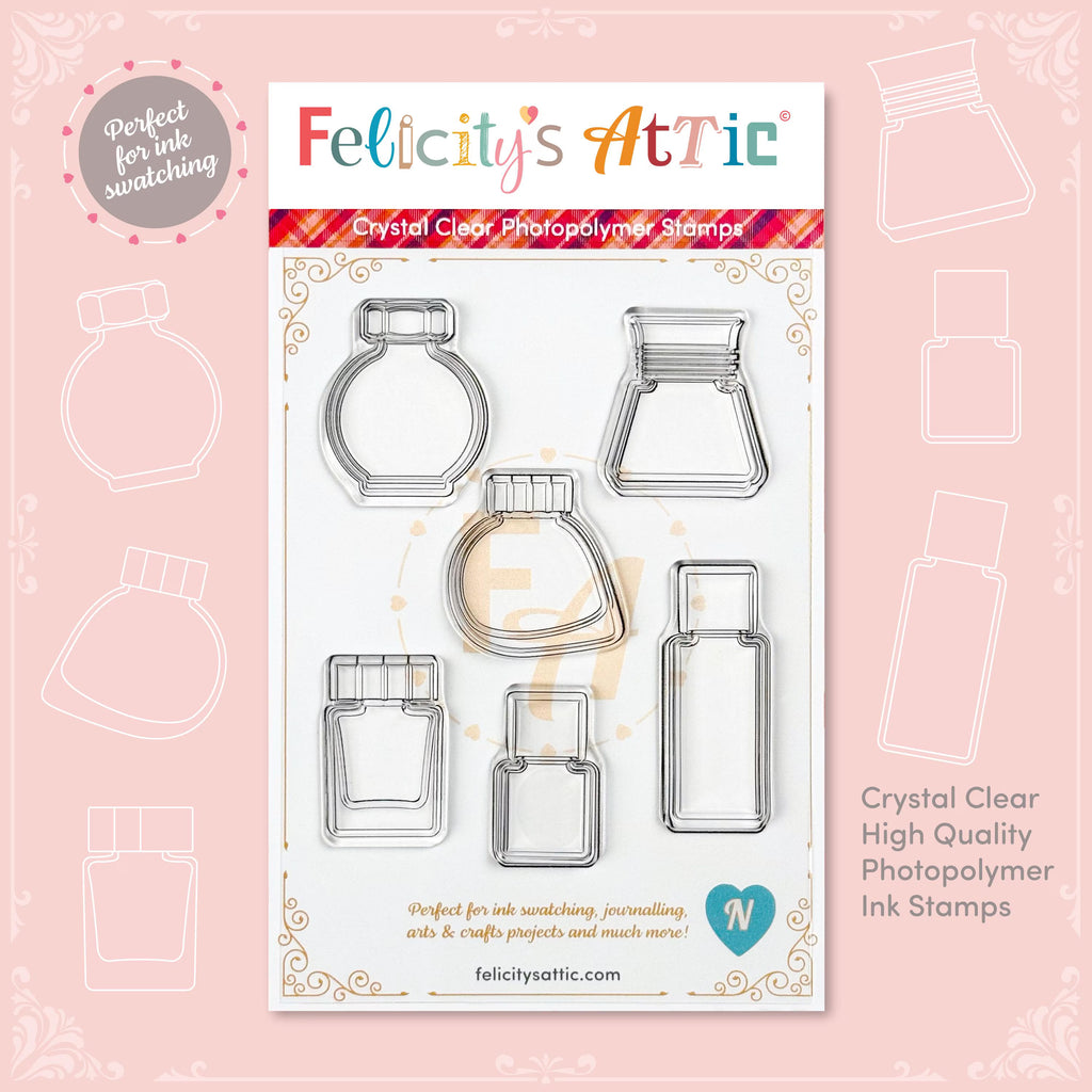 Clear Ink Bottle Stamps for fountain pen ink swatching and journaling - Stamp Set N
