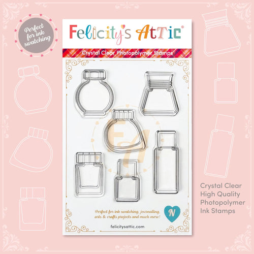 Clear Ink Bottle Stamps for fountain pen ink swatching and journaling - Stamp Set N - Felicity's Attic