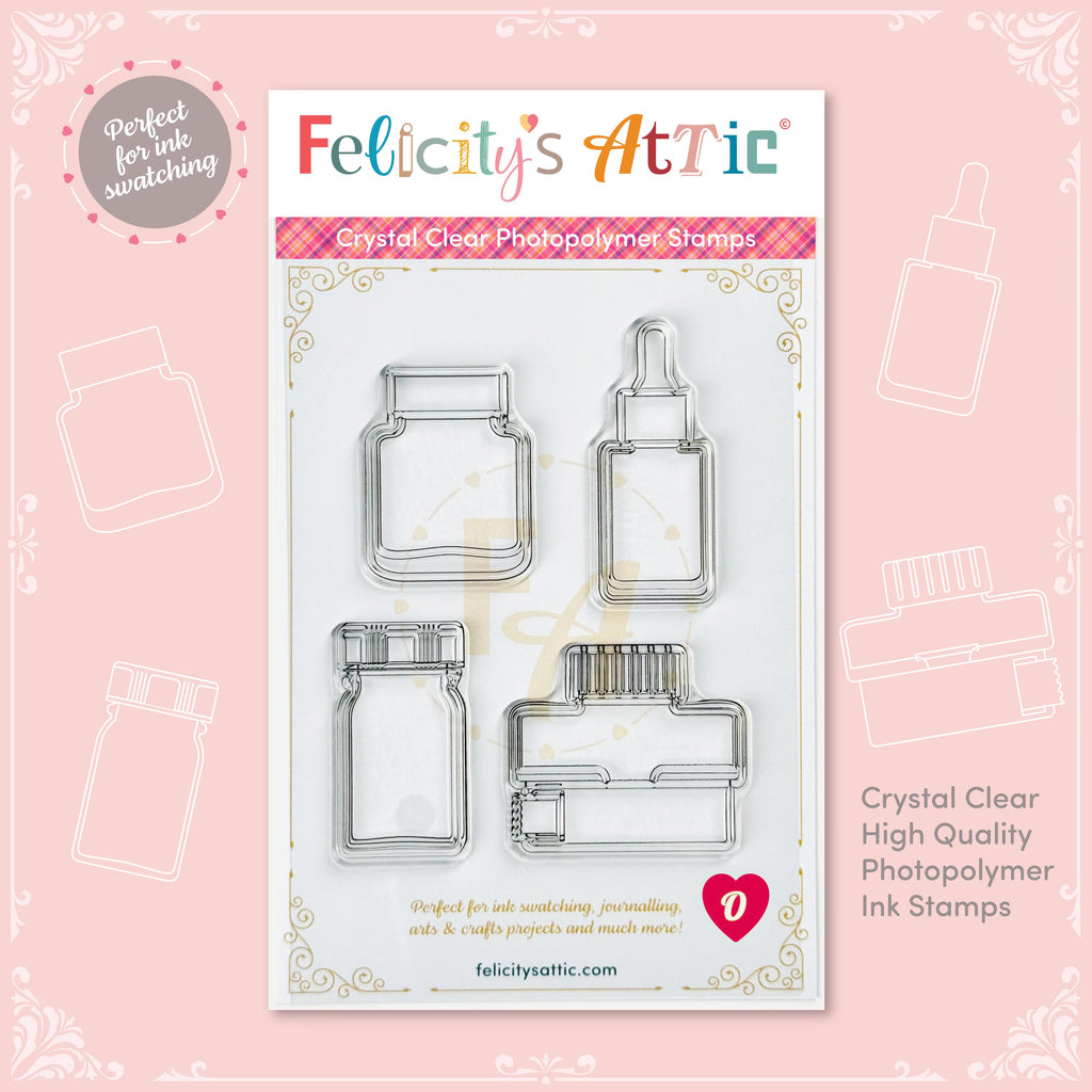 Clear Ink Bottle Stamps for fountain pen ink swatching and journaling - Stamp Set O