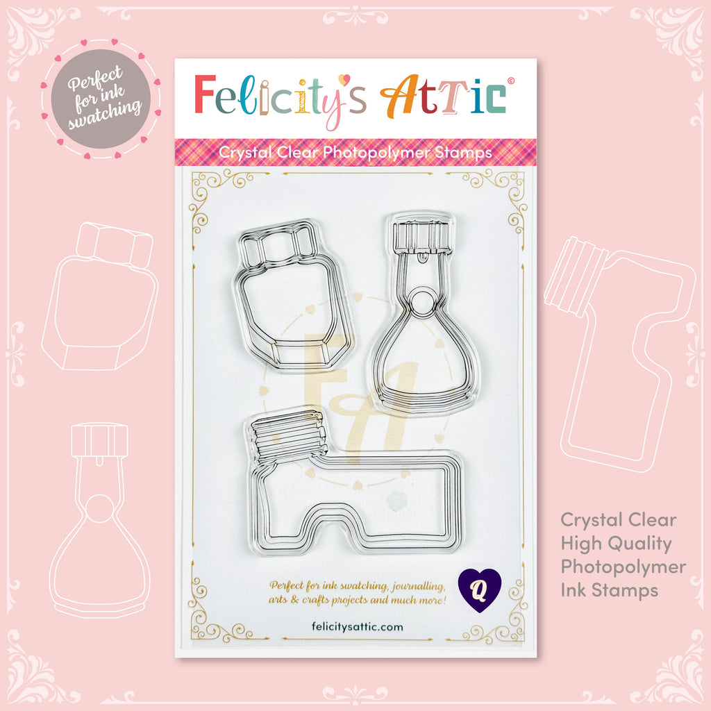 Clear Ink Bottle Stamps for fountain pen ink swatching and journaling - Stamp Set Q