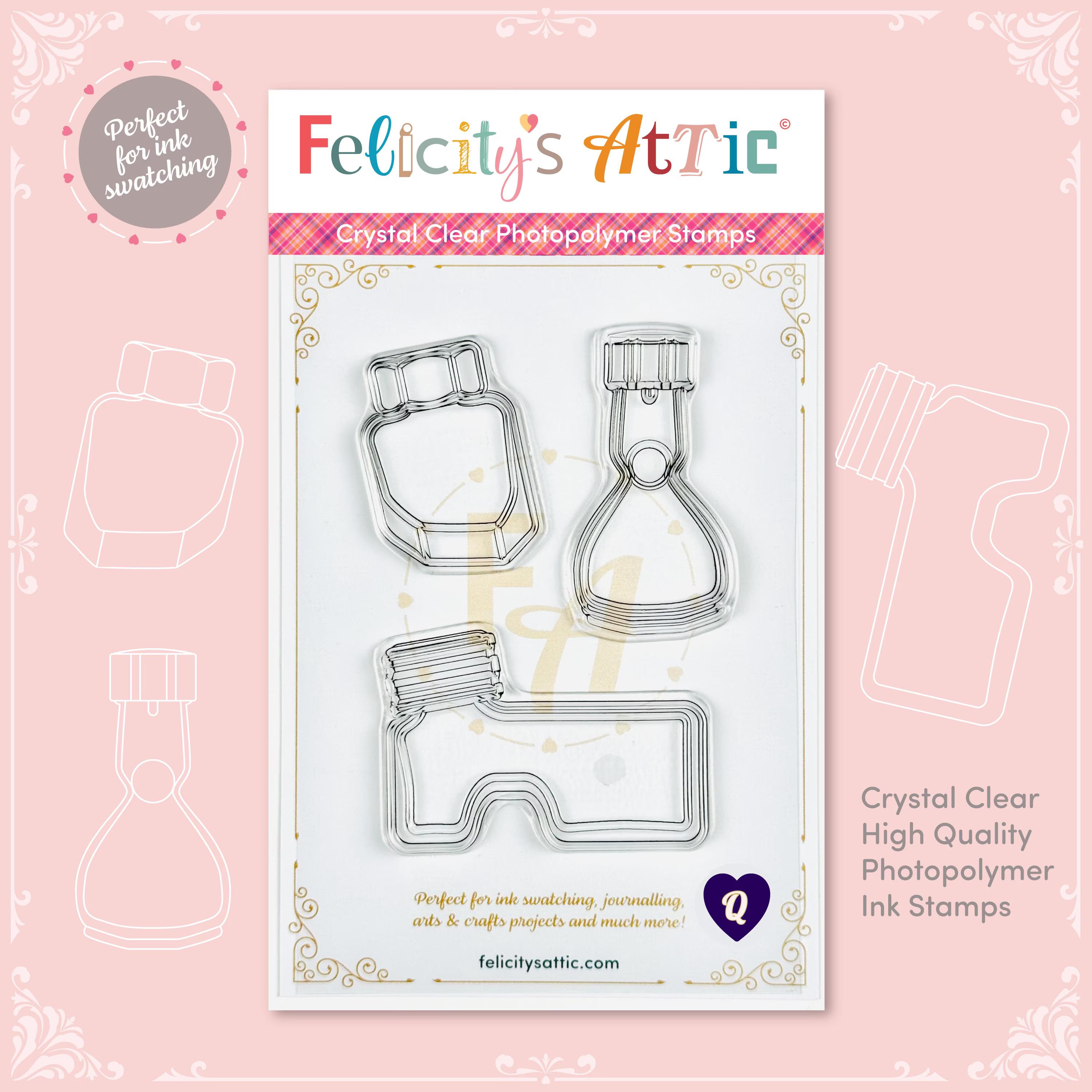 Clear Ink Bottle Stamps for fountain pen ink swatching and journaling - Stamp Set Q