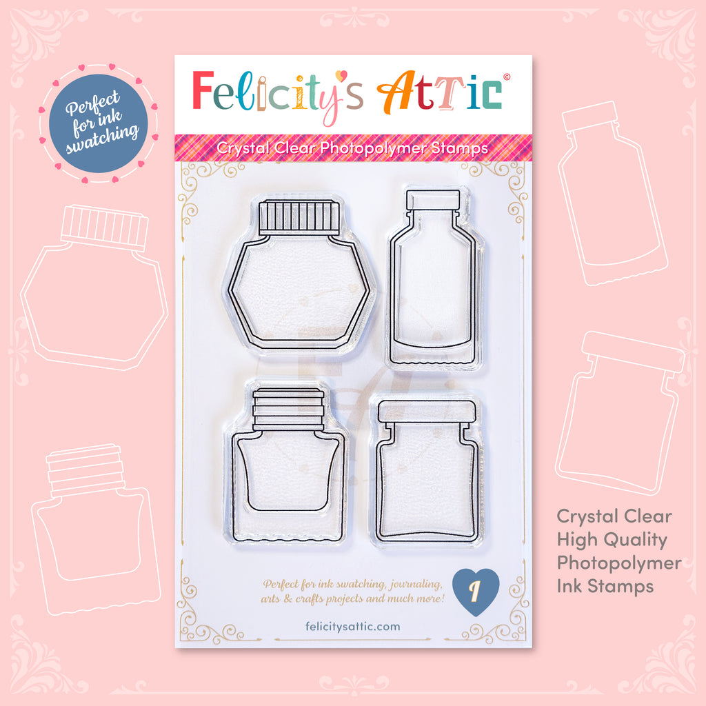 Clear Ink Bottle shaped polymer stamps for fountain pen ink swatching and journaling - Stamp Set I includes 4 large bottles for ink swatching and journaling.