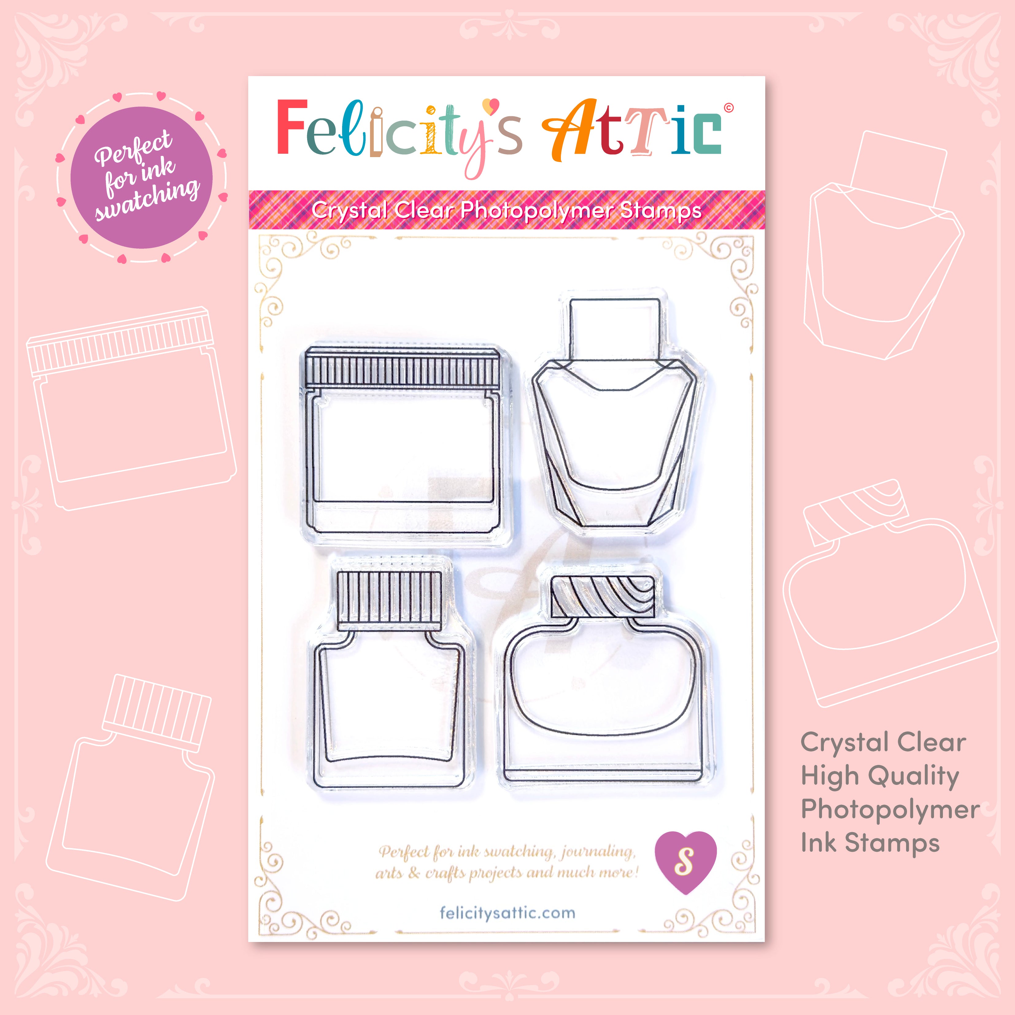 High quality, crystal clear ink bottle shaped stamps for ink swatching and journaling by Felicity's Attic - stamp set S