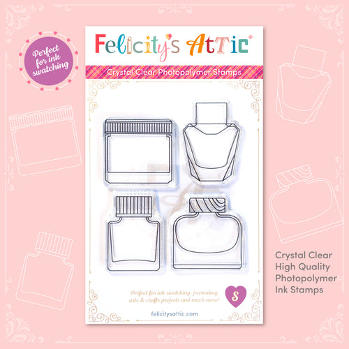 High quality, crystal clear ink bottle shaped stamps for ink swatching and journaling by Felicity's Attic - stamp set S