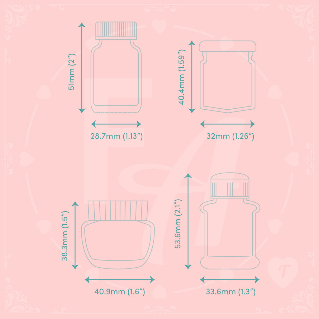 High quality, crystal clear ink bottle shaped stamps for ink swatching and journaling by Felicity's Attic - stamp set T dimensions