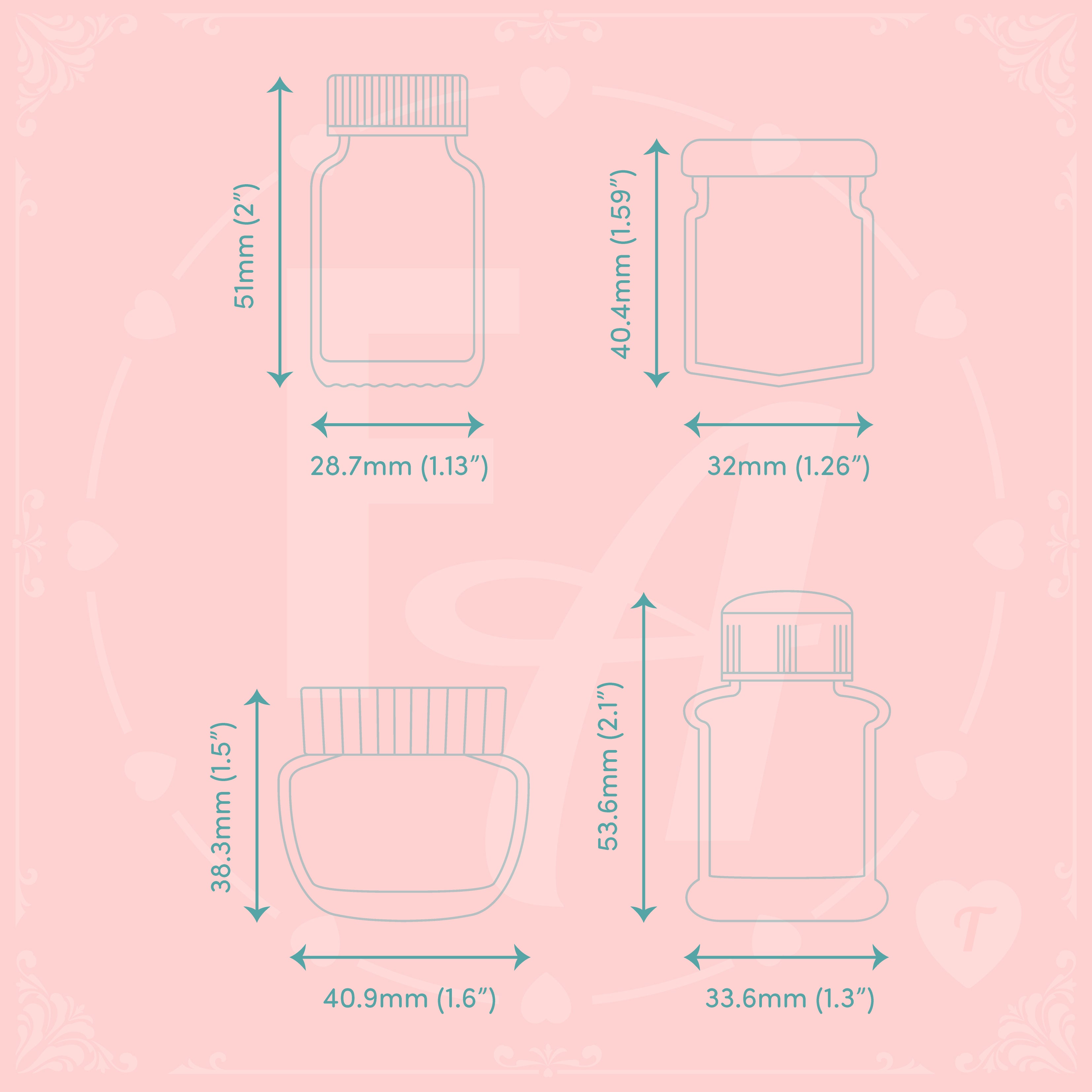 High quality, crystal clear ink bottle shaped stamps for ink swatching and journaling by Felicity's Attic - stamp set T dimensions