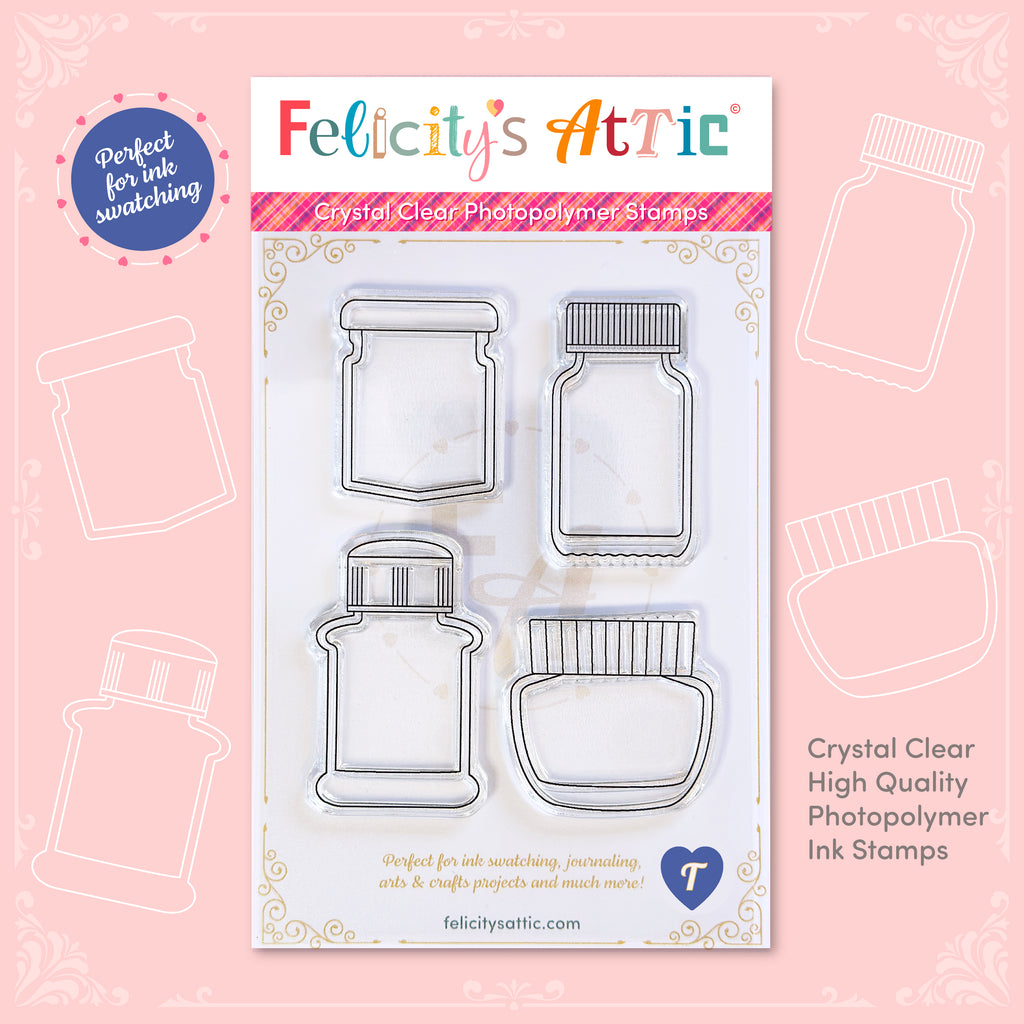 High quality, crystal clear ink bottle shaped stamps for ink swatching and journaling by Felicity's Attic - stamp set T