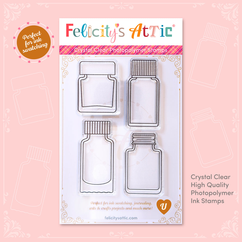 High quality, crystal clear ink bottle shaped stamps for ink swatching and journaling by Felicity's Attic - stamp set U