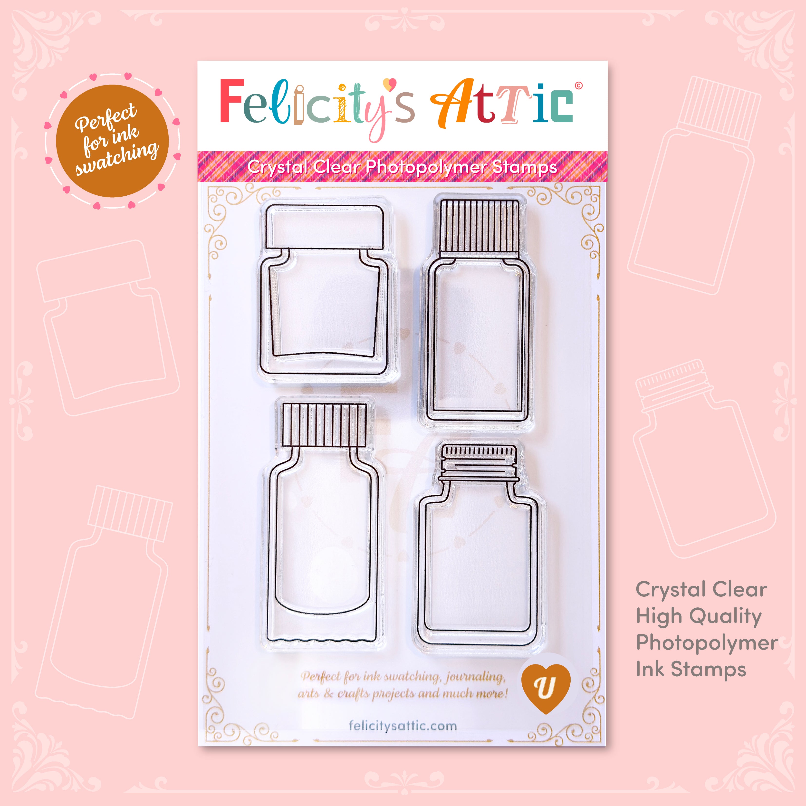High quality, crystal clear ink bottle shaped stamps for ink swatching and journaling by Felicity's Attic - stamp set U