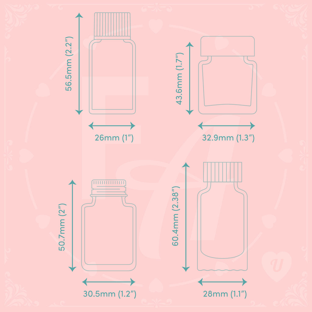 High quality, crystal clear ink bottle shaped stamps for ink swatching and journaling by Felicity's Attic - stamp set U dimensions