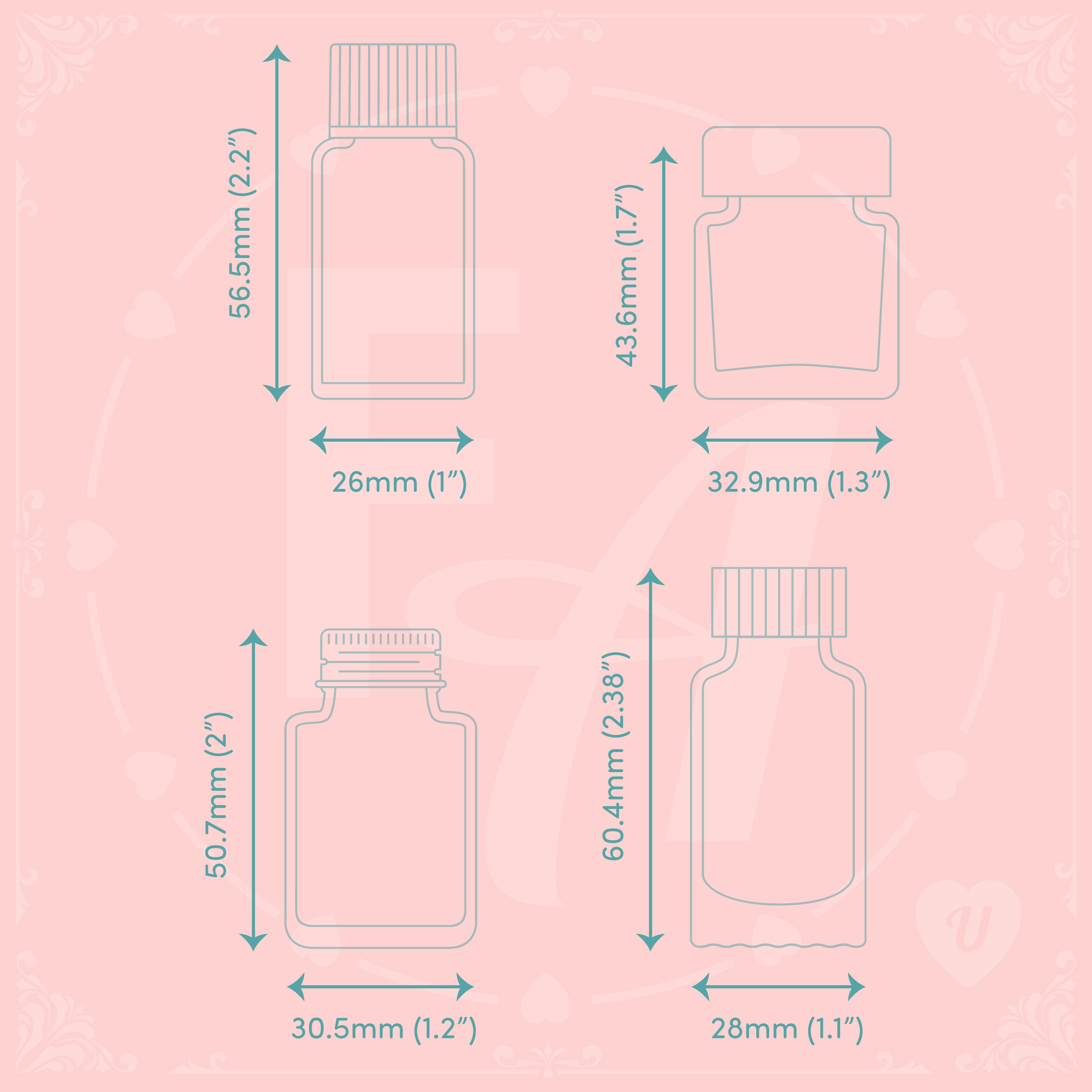 High quality, crystal clear ink bottle shaped stamps for ink swatching and journaling by Felicity's Attic - stamp set U dimensions