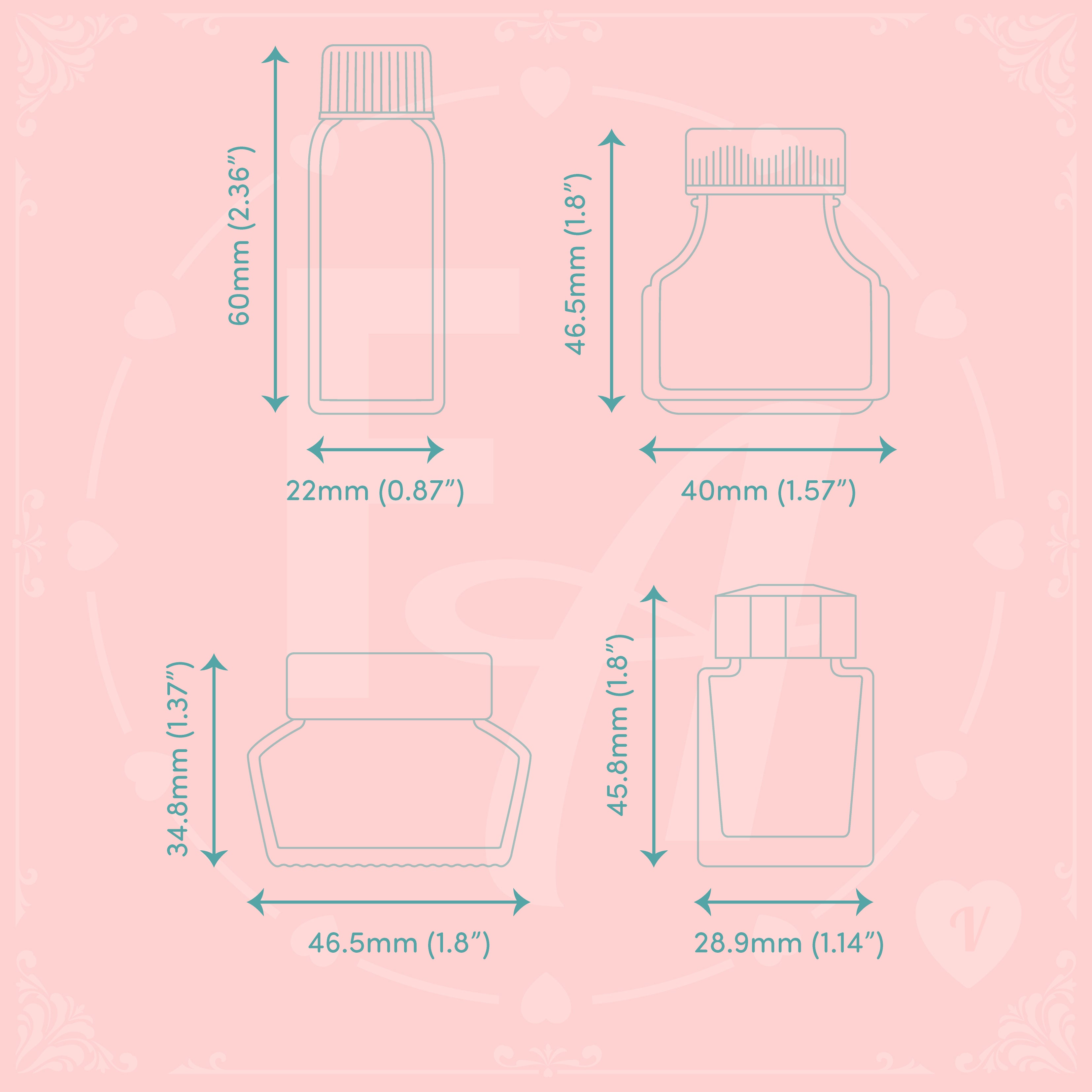 High quality, crystal clear ink bottle shaped stamps for ink swatching and journaling by Felicity's Attic - stamp set V