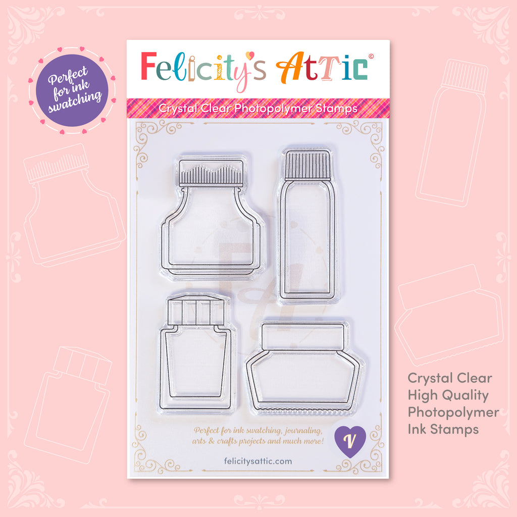 High quality, crystal clear ink bottle shaped stamps for ink swatching and journaling by Felicity's Attic - stamp set V