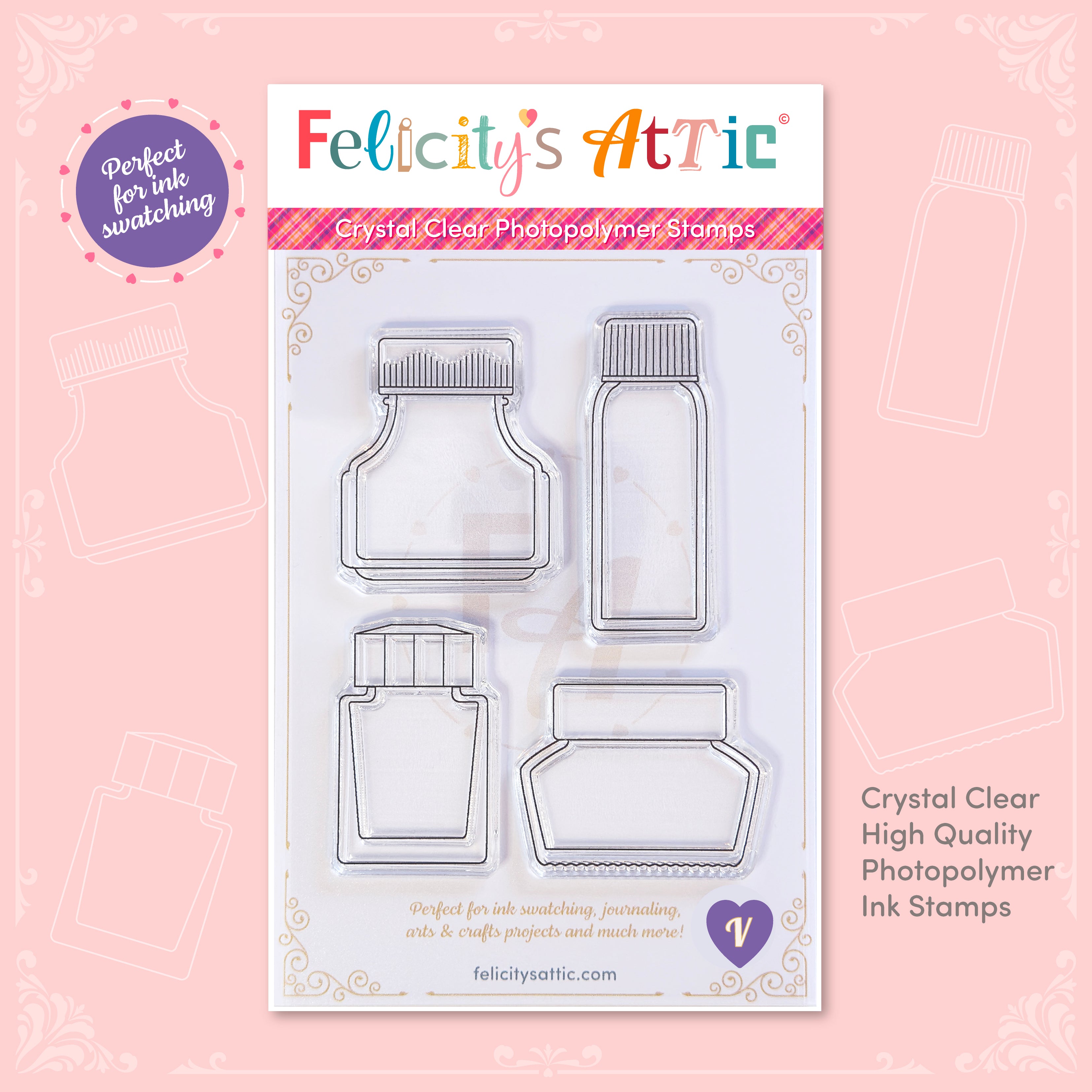 High quality, crystal clear ink bottle shaped stamps for ink swatching and journaling by Felicity's Attic - stamp set V