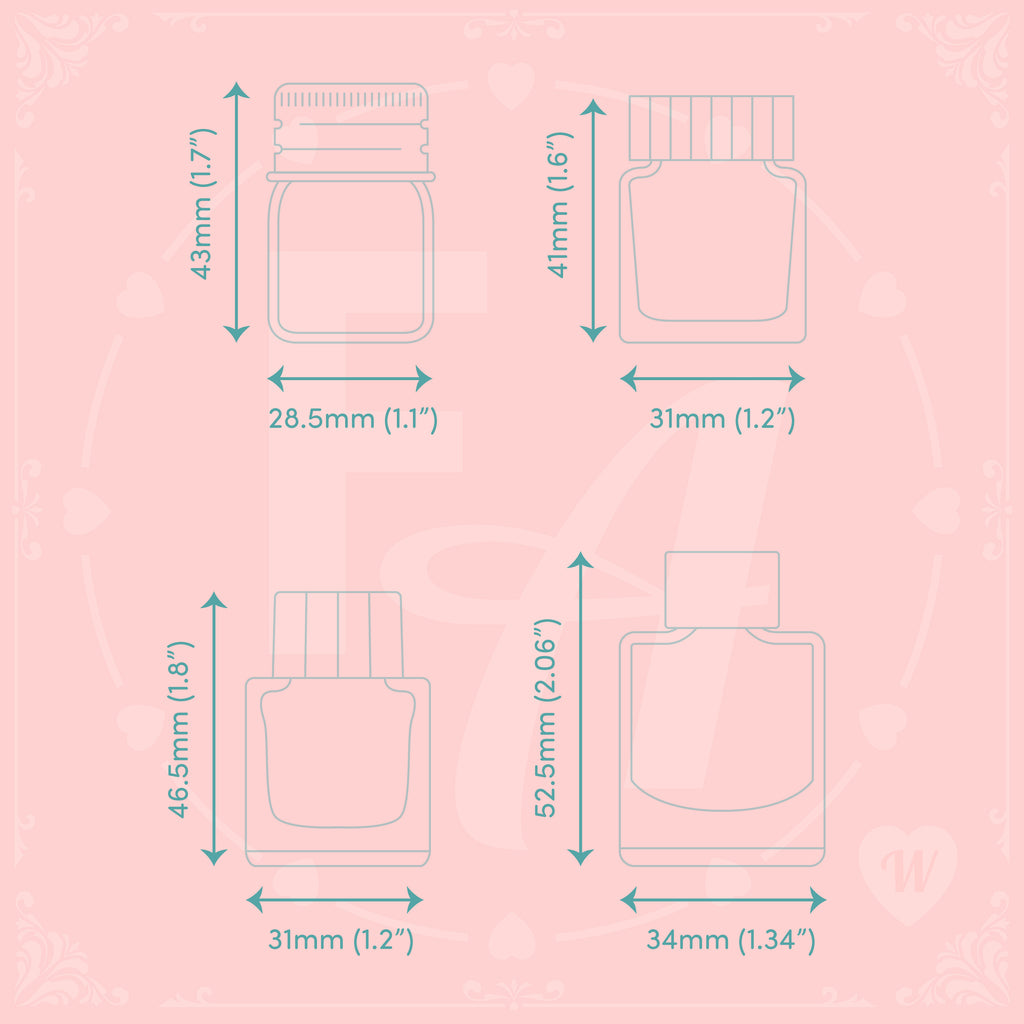 Clear ink stamp set W features 4 ink bottle shaped stamps based on the fountain pen ink brand Kitty Ink Pot