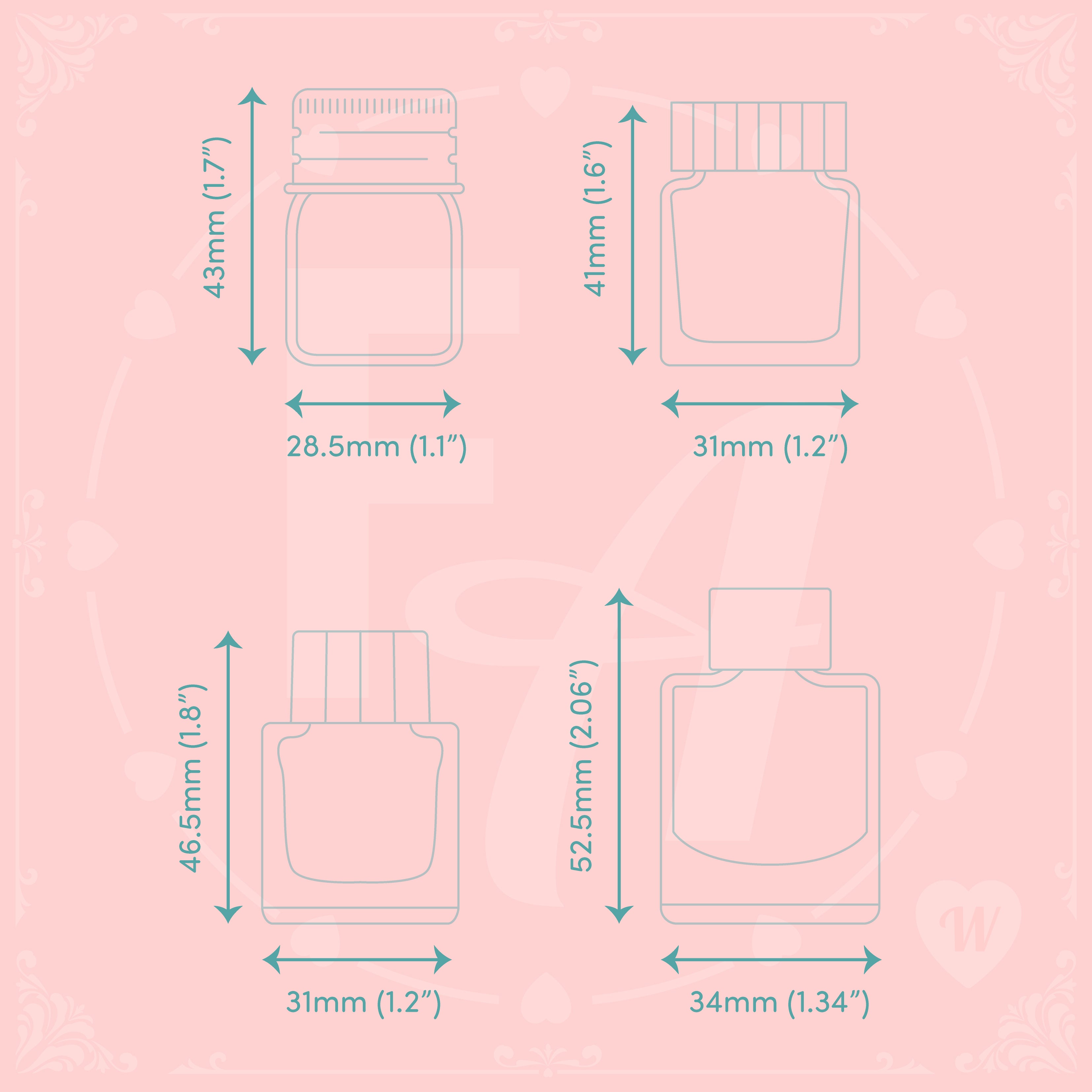 Clear ink stamp set W features 4 ink bottle shaped stamps based on the fountain pen ink brand Kitty Ink Pot