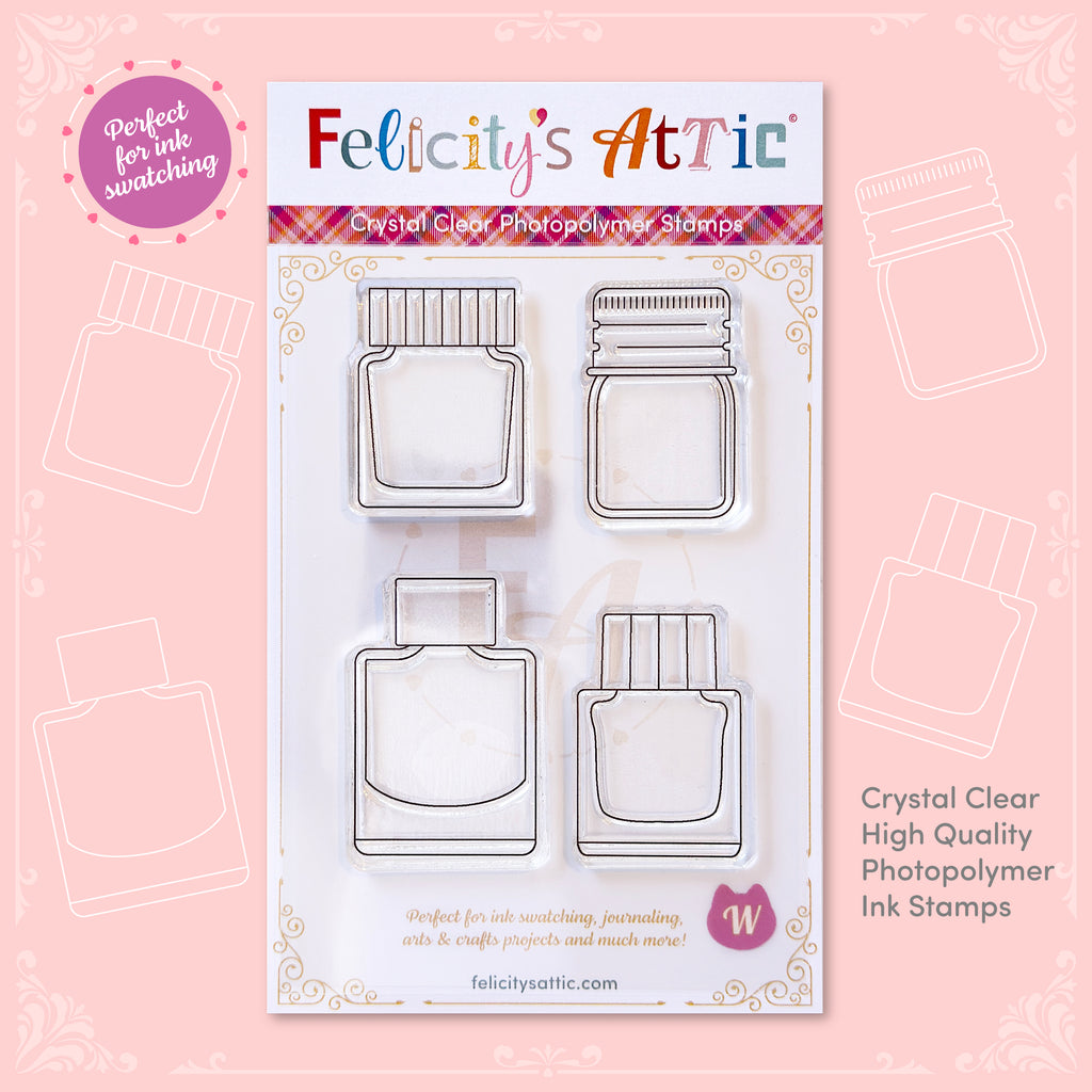 Clear ink stamp set W features 4 ink bottle shaped stamps based on the fountain pen ink brand Kitty Ink Pot. Clear Ink Bottle Shaped Stamps for fountain pen ink swatching & creative journaling.