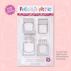 Clear ink stamp set W features 4 ink bottle shaped stamps based on the fountain pen ink brand Kitty Ink Pot. Clear Ink Bottle Shaped Stamps for fountain pen ink swatching & creative journaling.