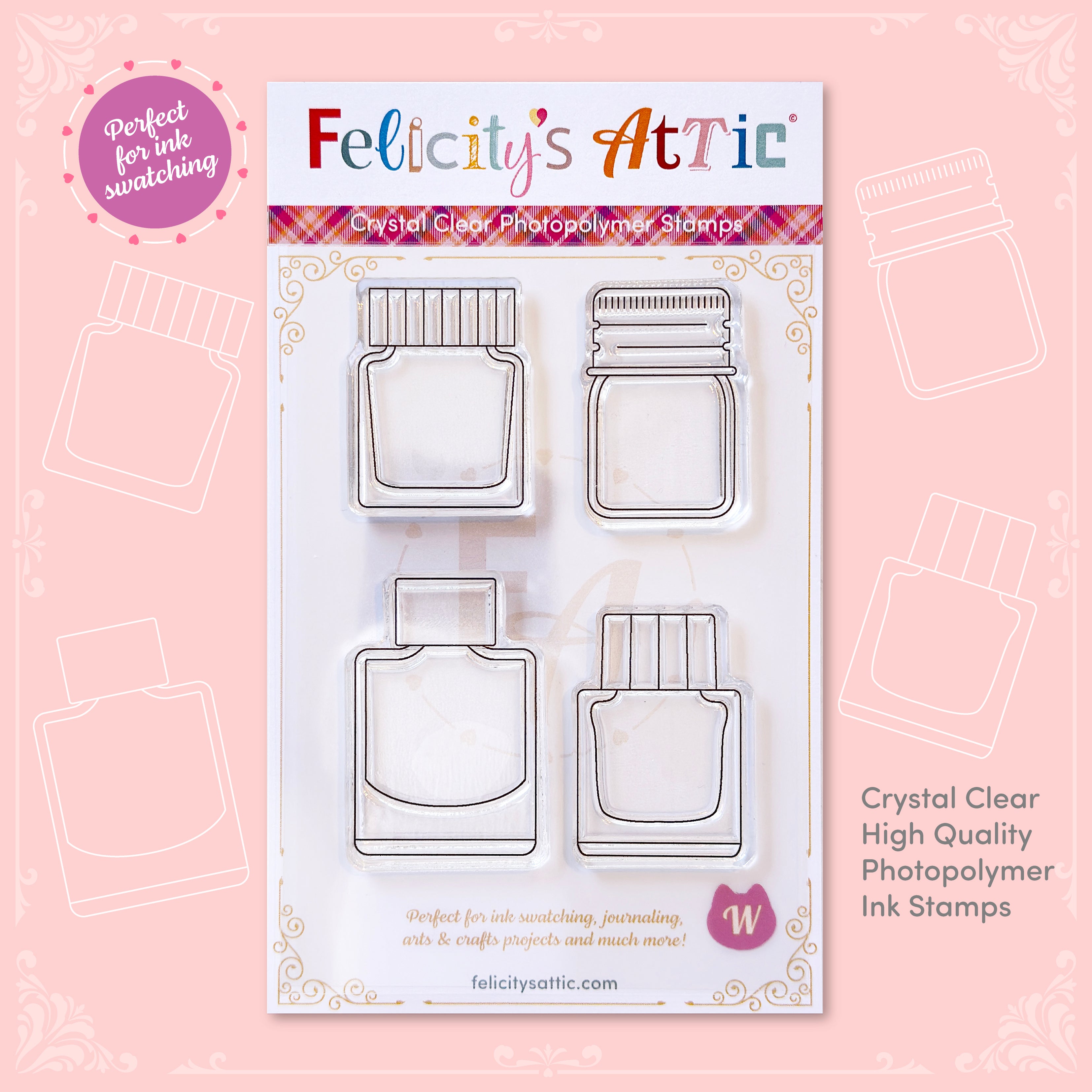 Clear ink stamp set W features 4 ink bottle shaped stamps based on the fountain pen ink brand Kitty Ink Pot. Clear Ink Bottle Shaped Stamps for fountain pen ink swatching & creative journaling.