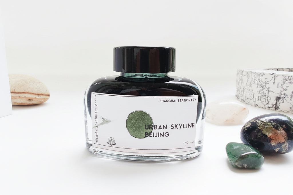 Bottled fountain pen inks from Shanghai Stationary, Urban Skyline Beijing is a shimmer ink made in the Netherlands.