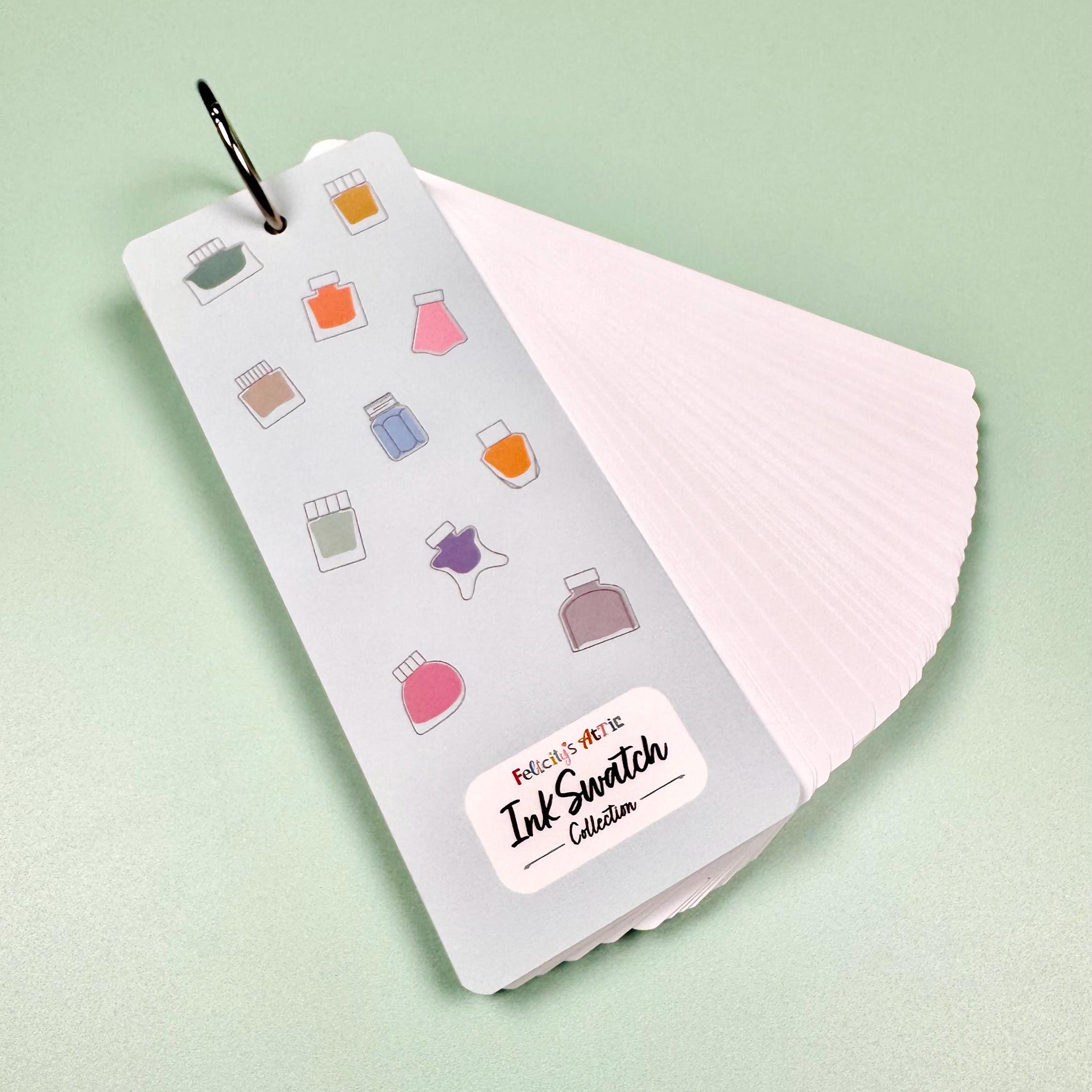Ink Swatch Book with metal binding ring - 50 bright white fountain pen friendly swatch cards - my ink swatch collection
