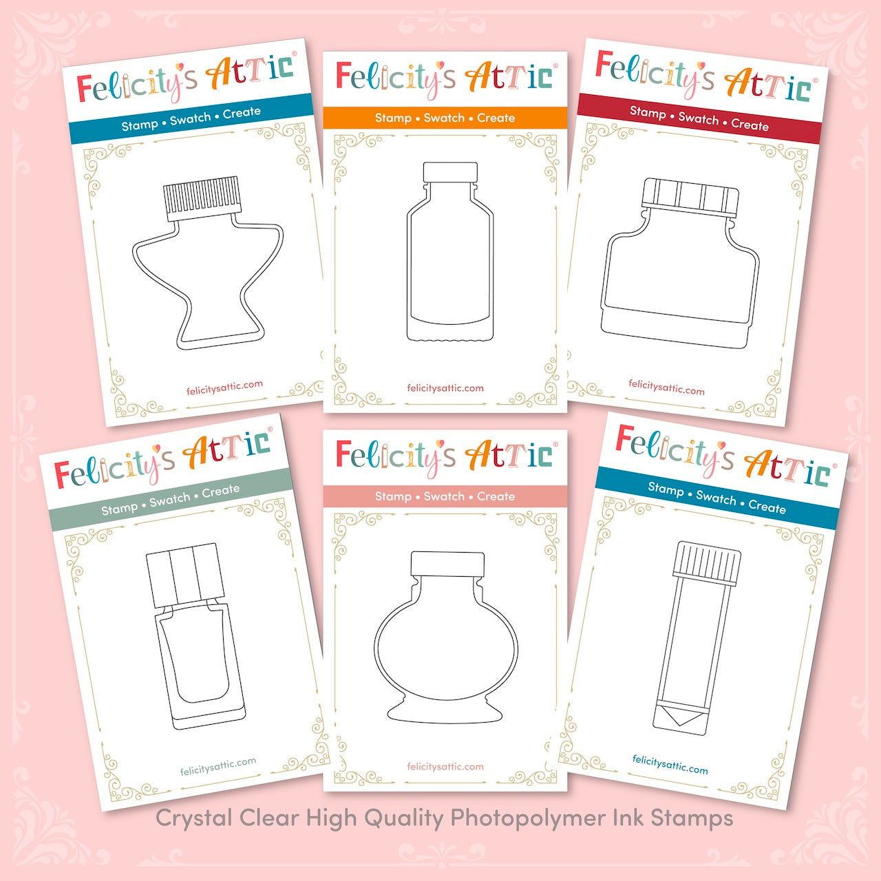 Individual Clear Ink Bottle Stamps - high quality photopolymer stamps for ink swatching
