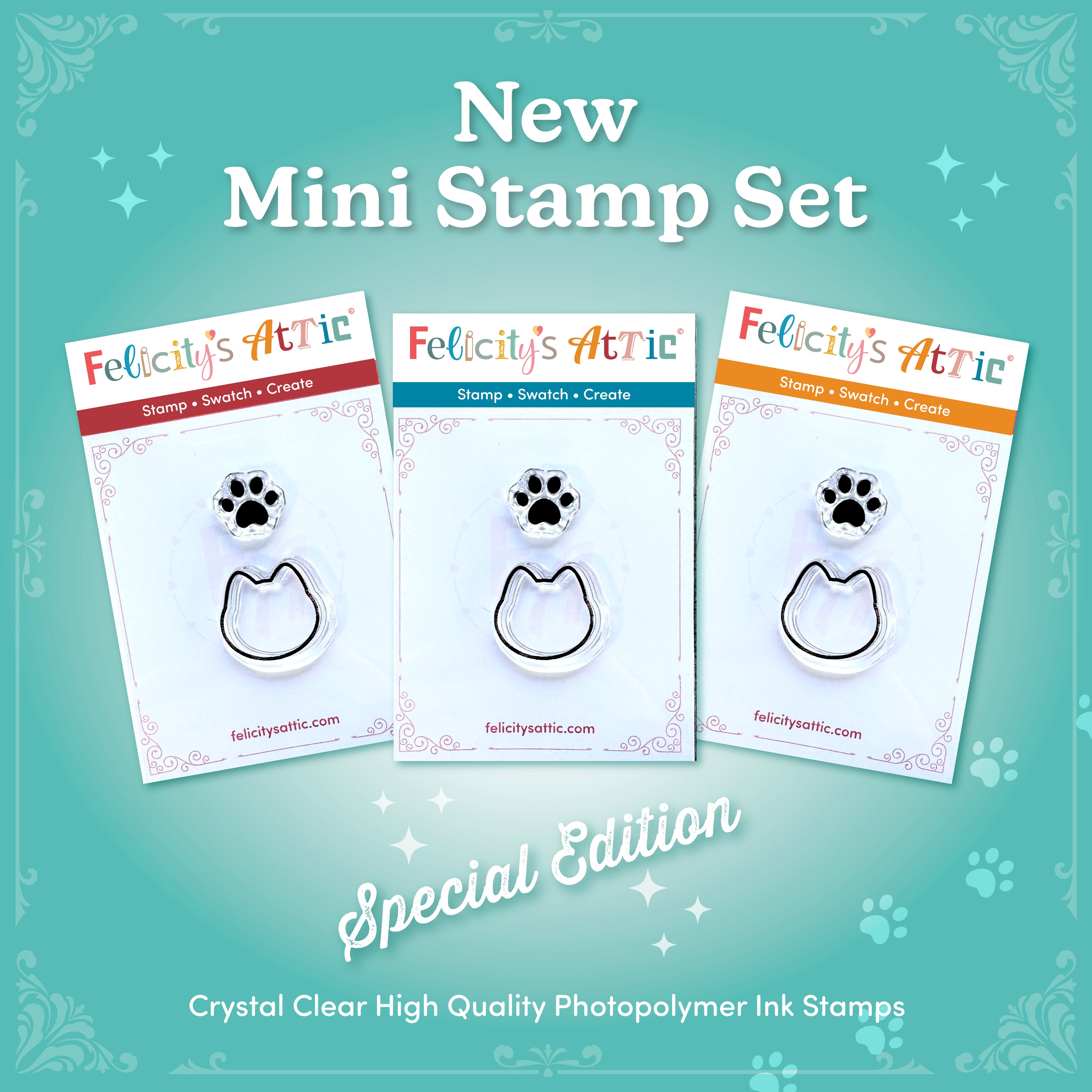 mini clear ink stamps featuring cute kitty cat head and paw print