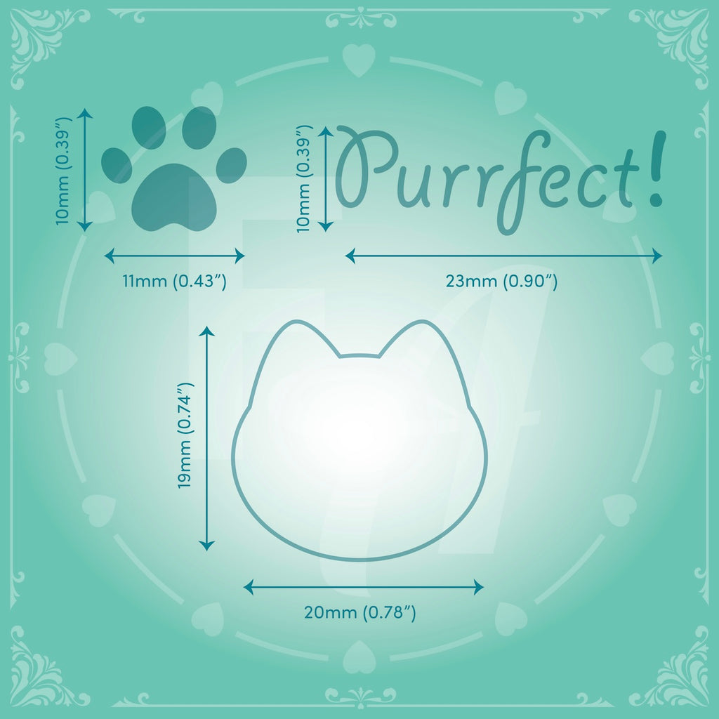 This cute mini stamp set features 3 clear ink stamps for cat lovers and includes -  a cat paw, a cat head outline and the wording "Purrfect".