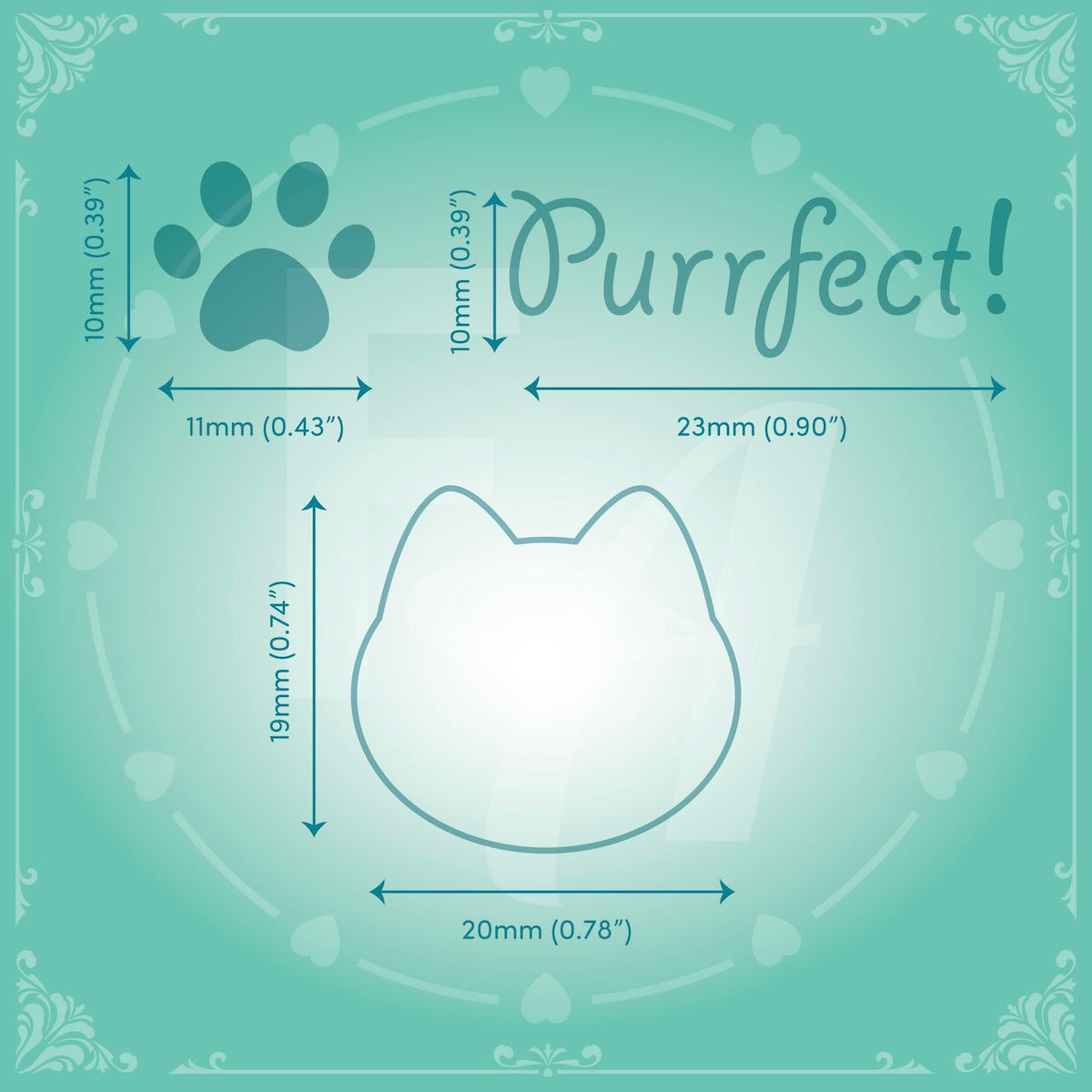 This cute mini stamp set features 3 clear ink stamps for cat lovers and includes -  a cat paw, a cat head outline and the wording "Purrfect".