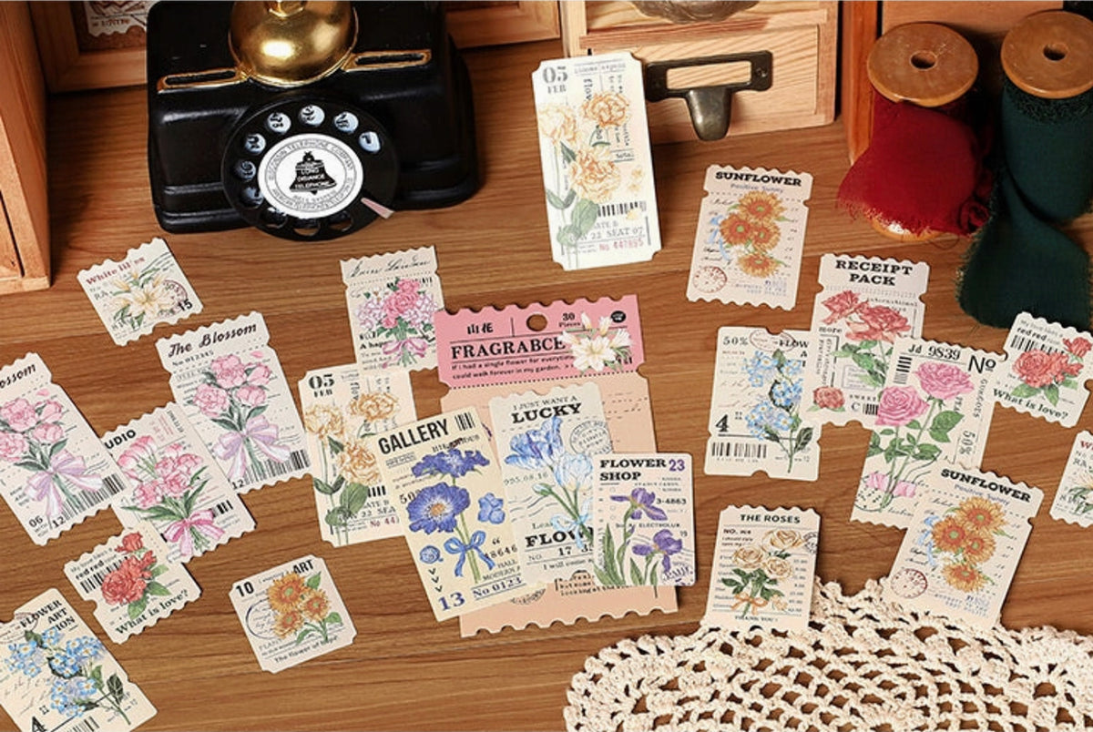 Paper More | Life Poem: Fleur - Vintage Style Floral Postage Stamps and Travel Tickets